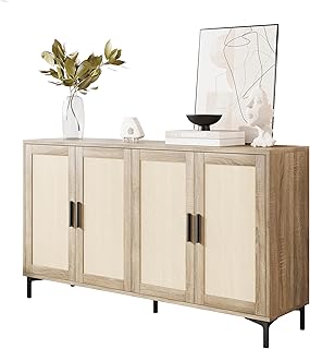 Rattan Decorated Sideboard - Kitchen Buffet Cabinet with Storage (Natural with 4 Doors)