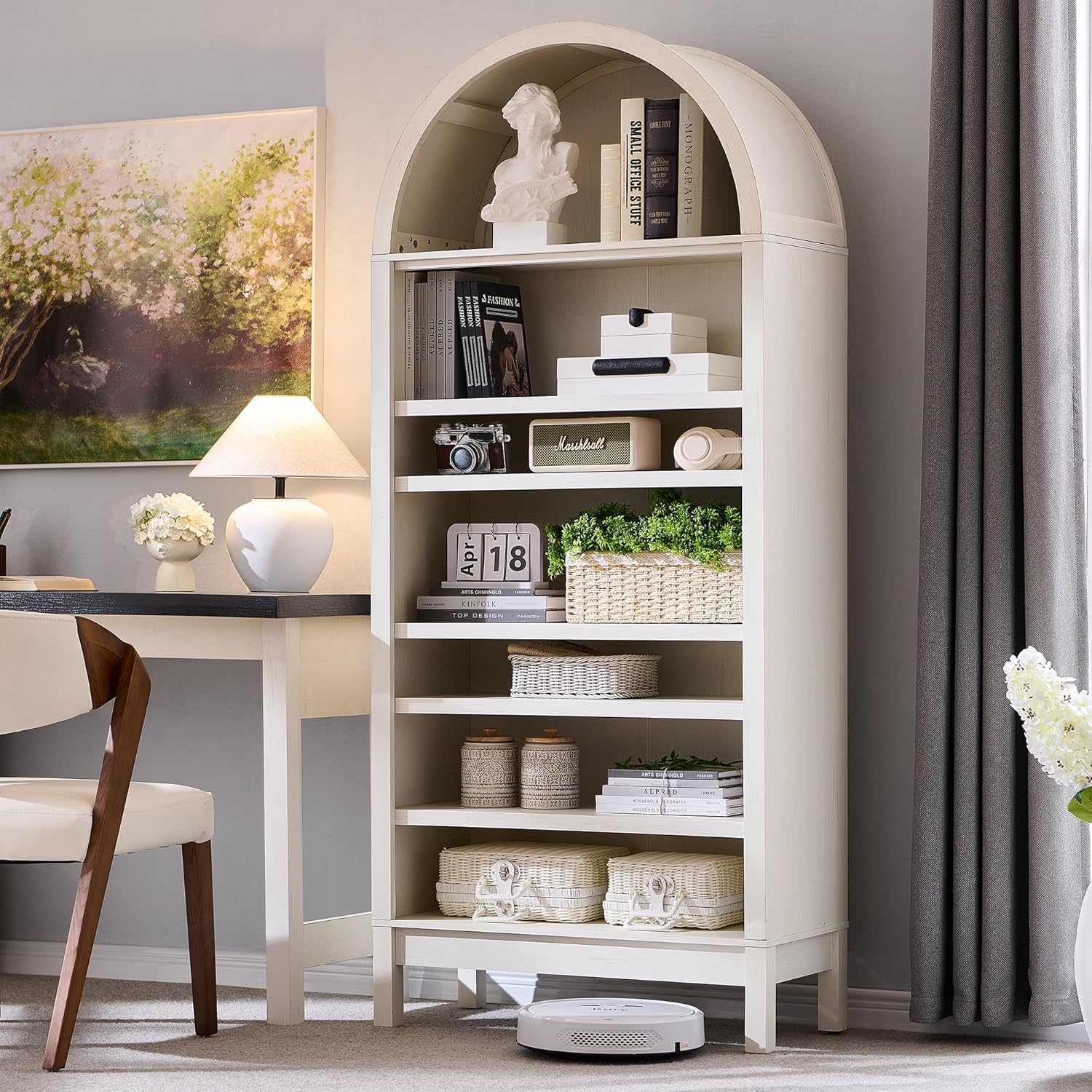 71" Tall Arched Bookshelf, 7 Tiers Arch Bookcase with Storage, Modern Farmhouse Book Shelf with Adjustable Shelves, Wood Bookshelf w/Open Display Shelves for Living Room, Office (Antique White)