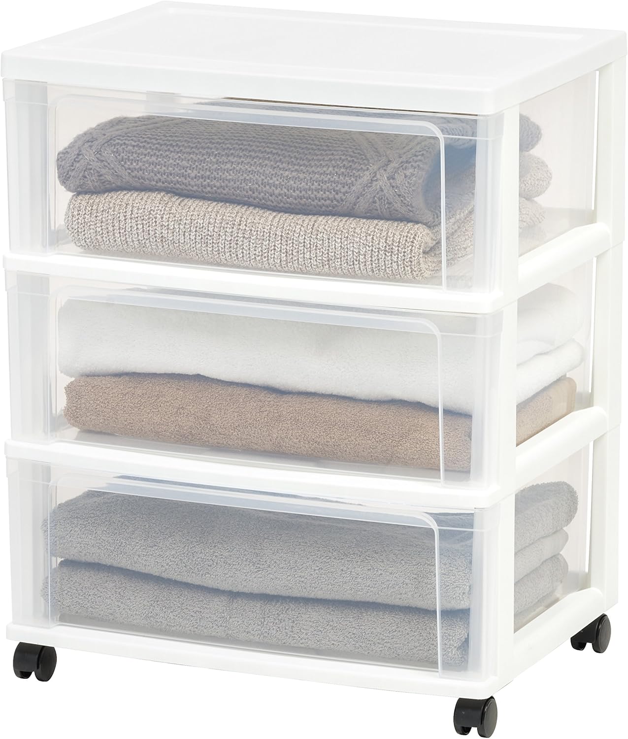 IRIS USA Plastic Drawer Storage Organizer Rolling Cart, with Wheels Casters, 3-Drawers, for Classroom Art Craft Supplies Dresser Closet Bathroom Dorm Bedroom Laundry Room, Wide, White/Clear