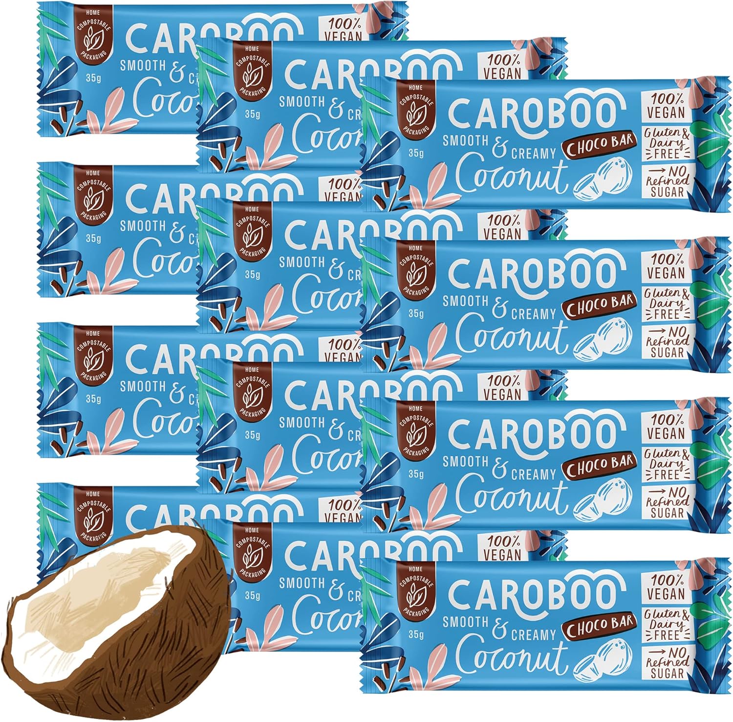 Caroboo – Creamy Coconut Choco Bar | Vegan Carob Choco - Chocolate Alternative | 12 x 35g Choco Bar
