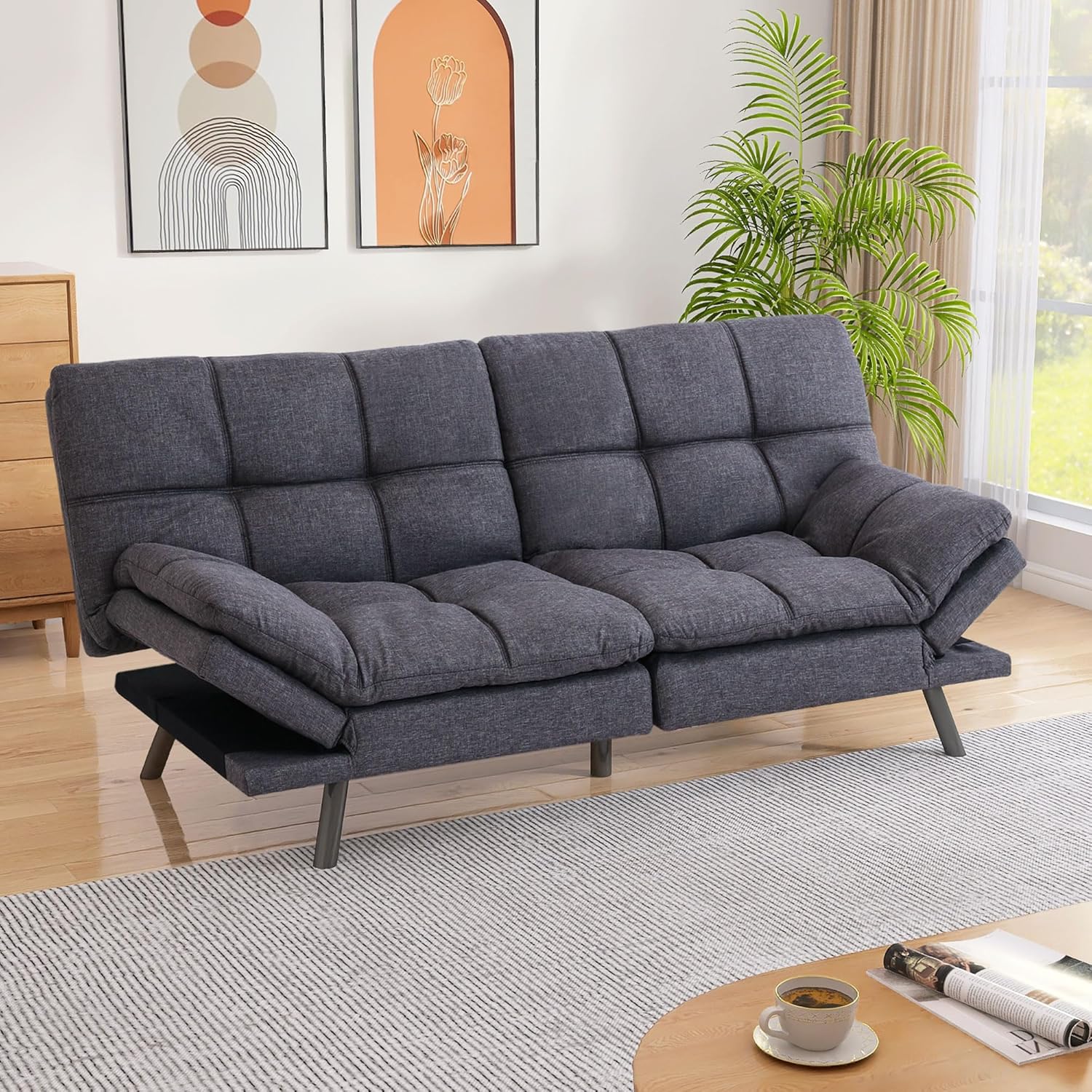 Memory Foam Futon Sofa Bed Couch,Linen Fabric Convertible Futon Sofa Couch,Loveseat Sleeper Sofa Bed,Small Splitback Modern Sofa Bed for Living Room,Office,Apartment,Deep Grey