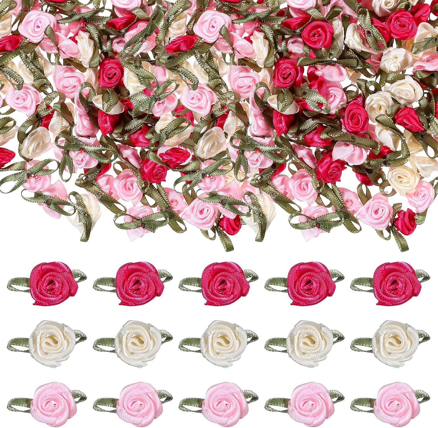 150pcs Multicolor Mini Roses Satin Roses With Green Leaves Tiny Flowers For Crafts 15mm Artificial Fabric Flower Ornament Applique Small Satin Rose For Wedding Bride Shower Sewing Diy Wreath Decor