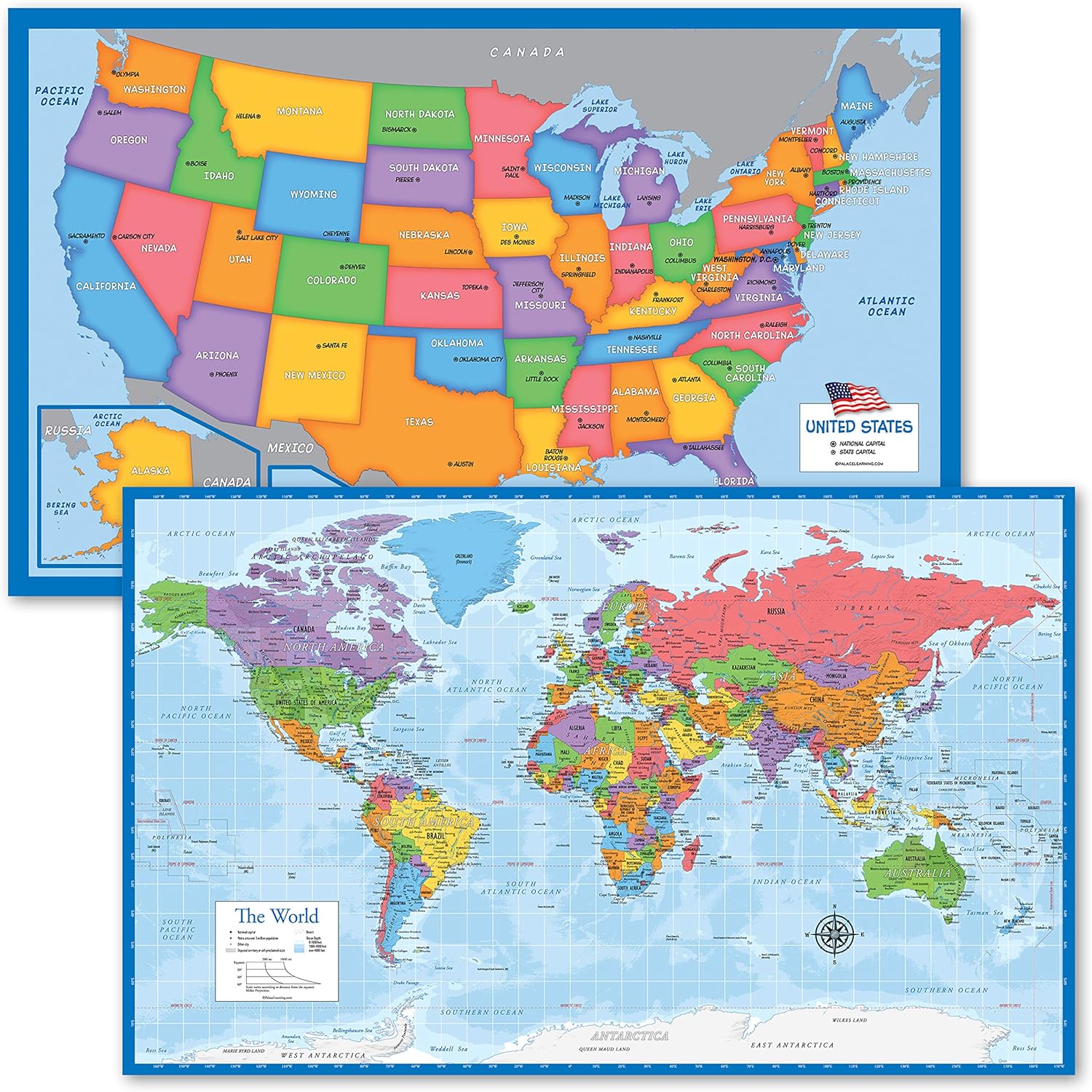2 Pack - USA Map for Kids + Blue Ocean World Map (LAMINATED, 18" x 29")