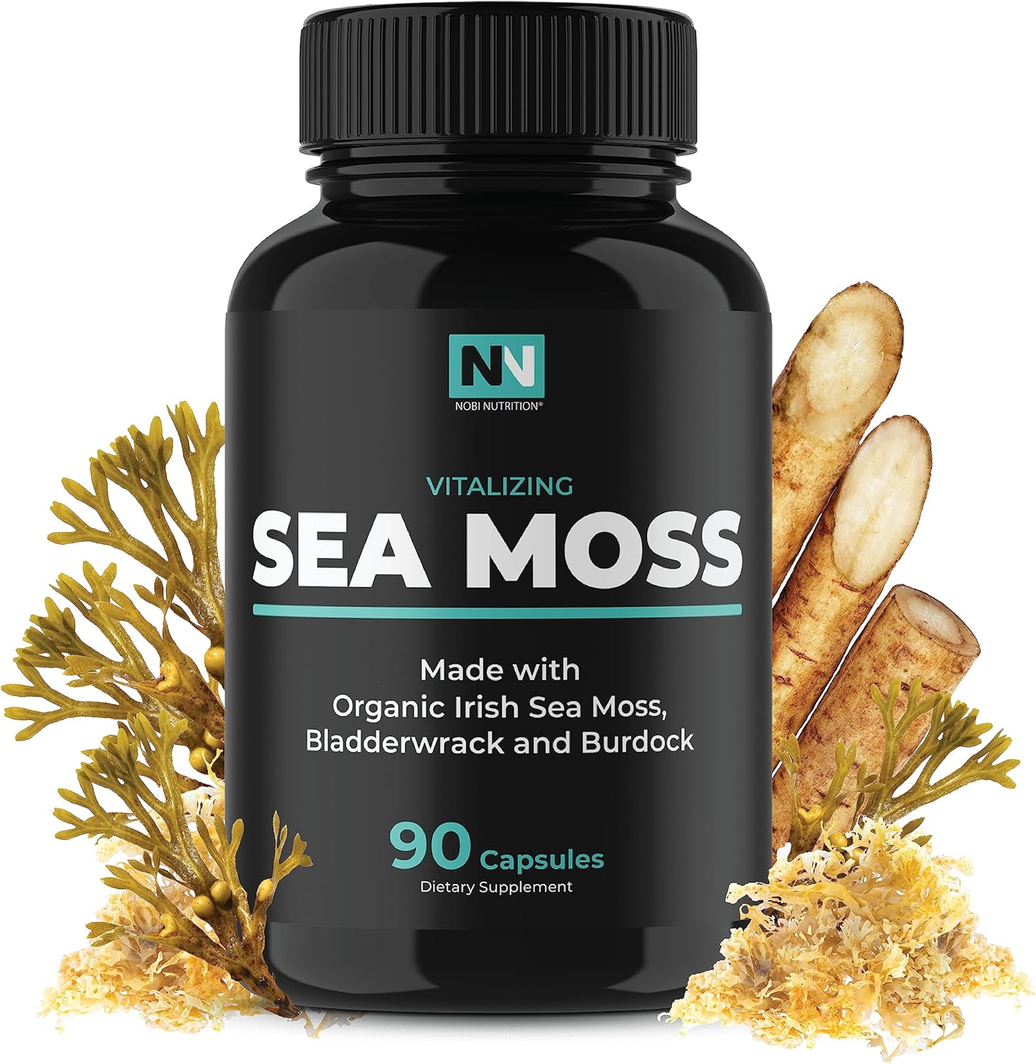 Irish Sea Moss Capsules | With Organic Irish Moss, 300mg Burdock Root & 500mg Bladderwrack Powder | 45-Day Supply | 1300mg Complex | Provides Iodine for Thyroid & Immune Support | 90 Veggie Pills