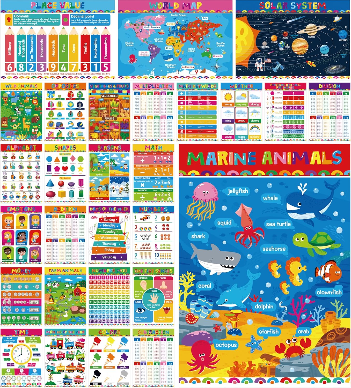 28 Educational Posters for Kids, All-in-One Set Learning Posters-Alphabet, Animals, Multiplication Chart, USA, World Map, Shapes, PET Film Coated School Supplies For Kindergarten, Preschool, Classroom