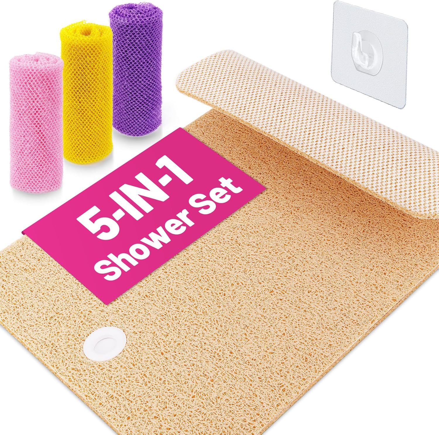 Value 5-Piece Set – 1 Shower Mat Non Slip, 3 African Net Exfoliating Sponges, 1 Drying Hook for Bathroom, Bathtub & Showe