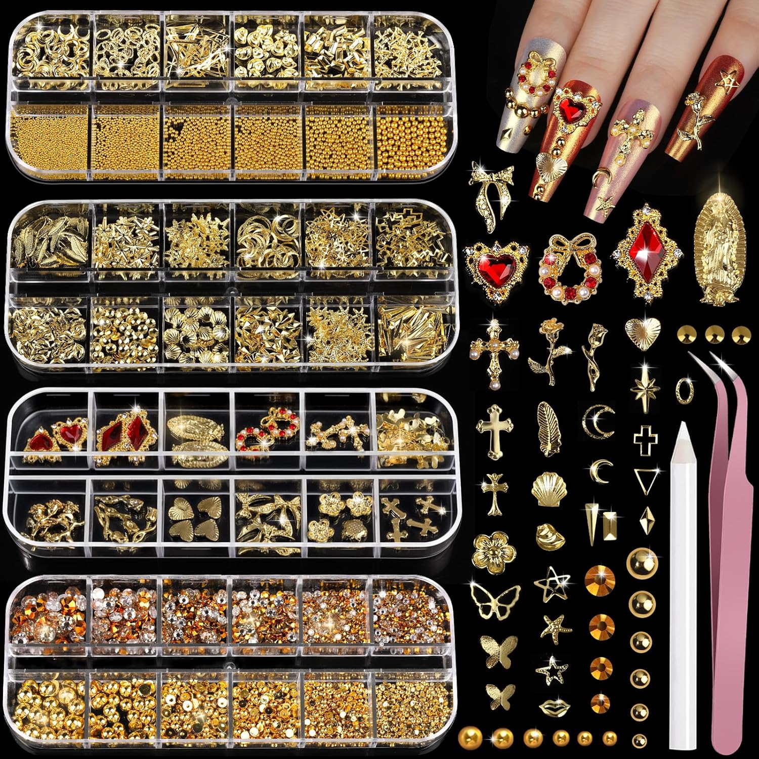 Teenitor Gold Nail Charms and Gems Set, 4 Boxes Nail Gems Nail Pearls Nail Art Tools, 3D Cross Nail Charms Heart Nail Rhinestones for Nails Supplies, Charms for Nails Design Nail Art Kit