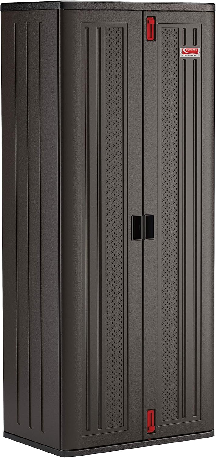 Suncast 19 Cubic Ft. Heavy-Duty Resin Cabinet with Lockable Handles, Multi-Wall Construction, and Metal-Reinforced Shelves for Basement, Utility Room and Garage Storage, Black, Made in the USA