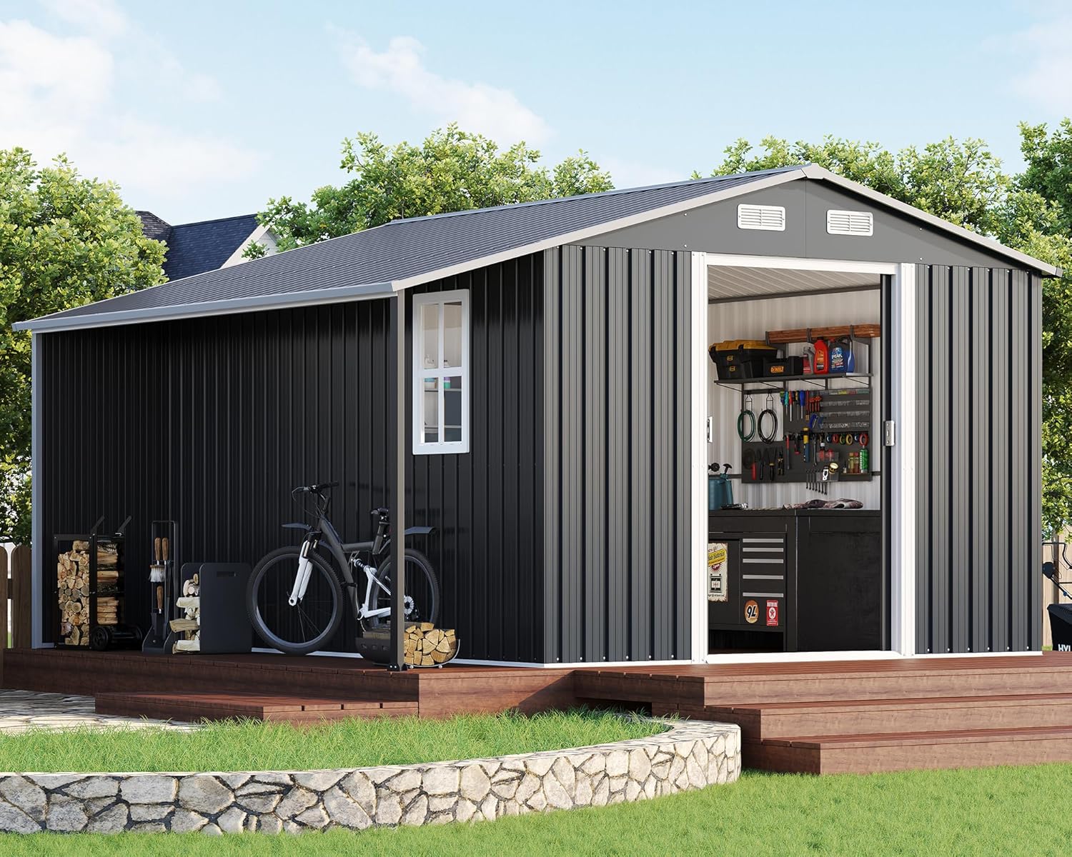 AMERLIFE 10.6x10.3x6.3 FT Galvanized Metal Storage Shed with Open Firewood Bay, Sliding Doors & Ramp, 2 Windows & Vents, Weather-Resistant Outdoor Tool/Garden Shed, Dark Grey/White