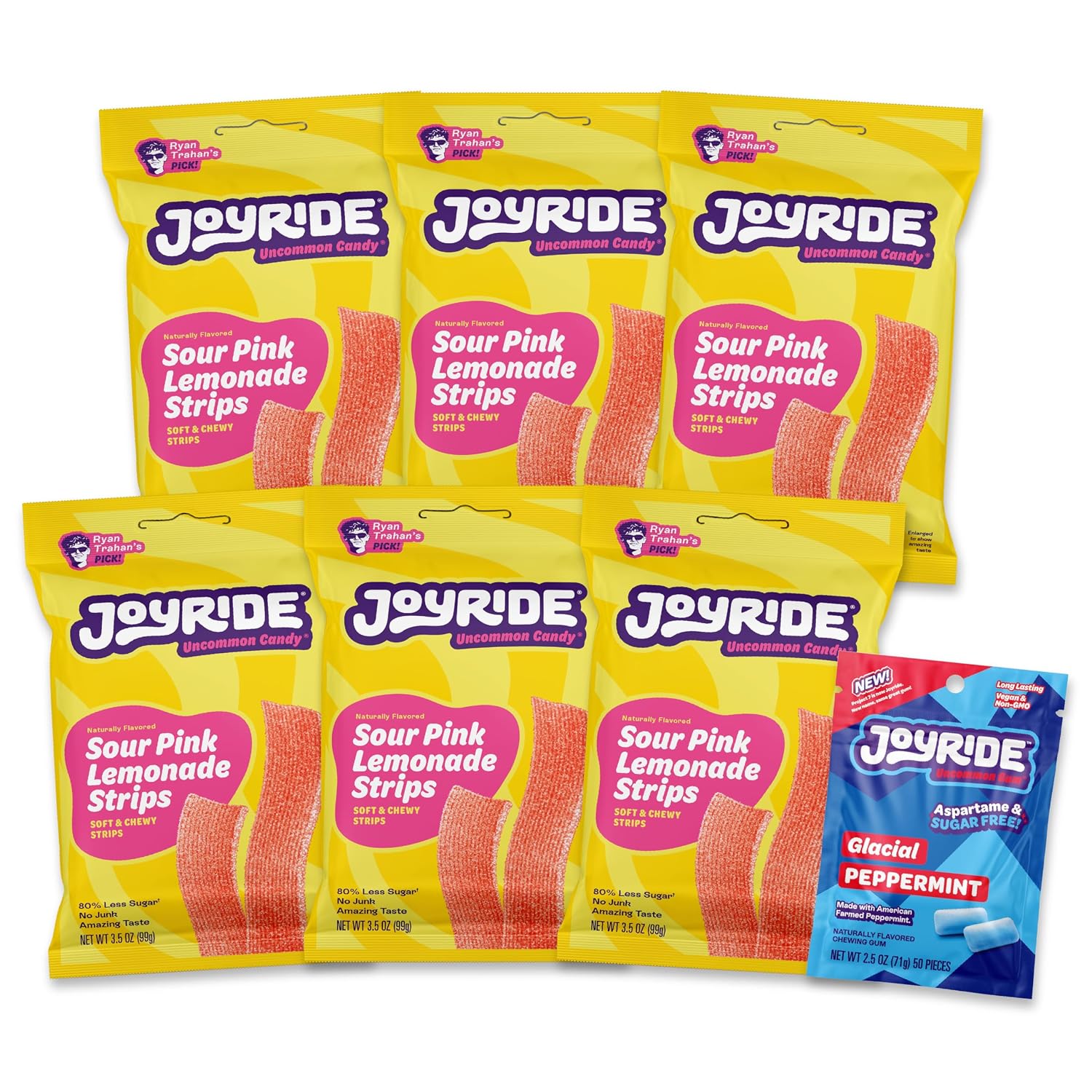 JOYRIDE Sour Pink Lemonade - Sour Belt Healthy Candy, 6-Pack Bundle | Includes six 3.5 oz bags with bonus 2.5 oz Glacier Peppermint Gum pack. Low Sugar, Dye Free, Low Calorie Snack