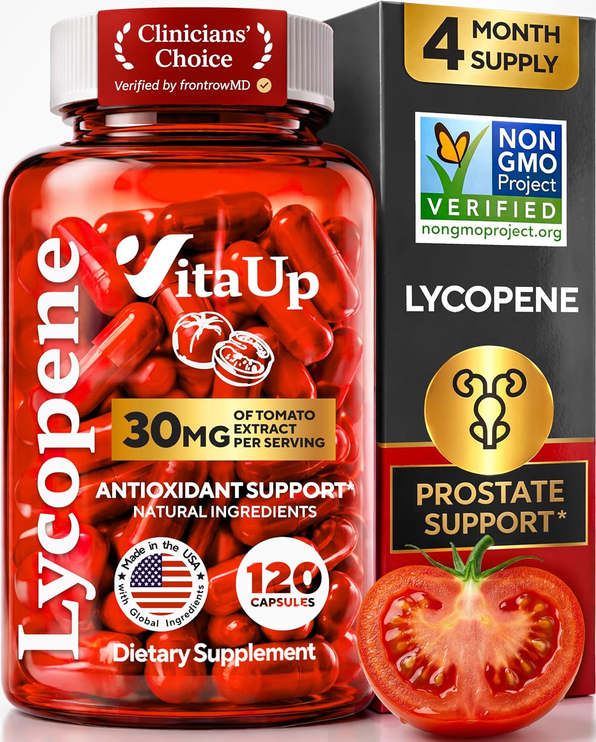 VitaUp Lycopene Supplements for Men – USA Made Prostate Supplements for Men with Natural Tomato Extract – Non-GMO Lycopene Supplement for Normal Prostate, Skin & Antioxidant Support – 120 Count