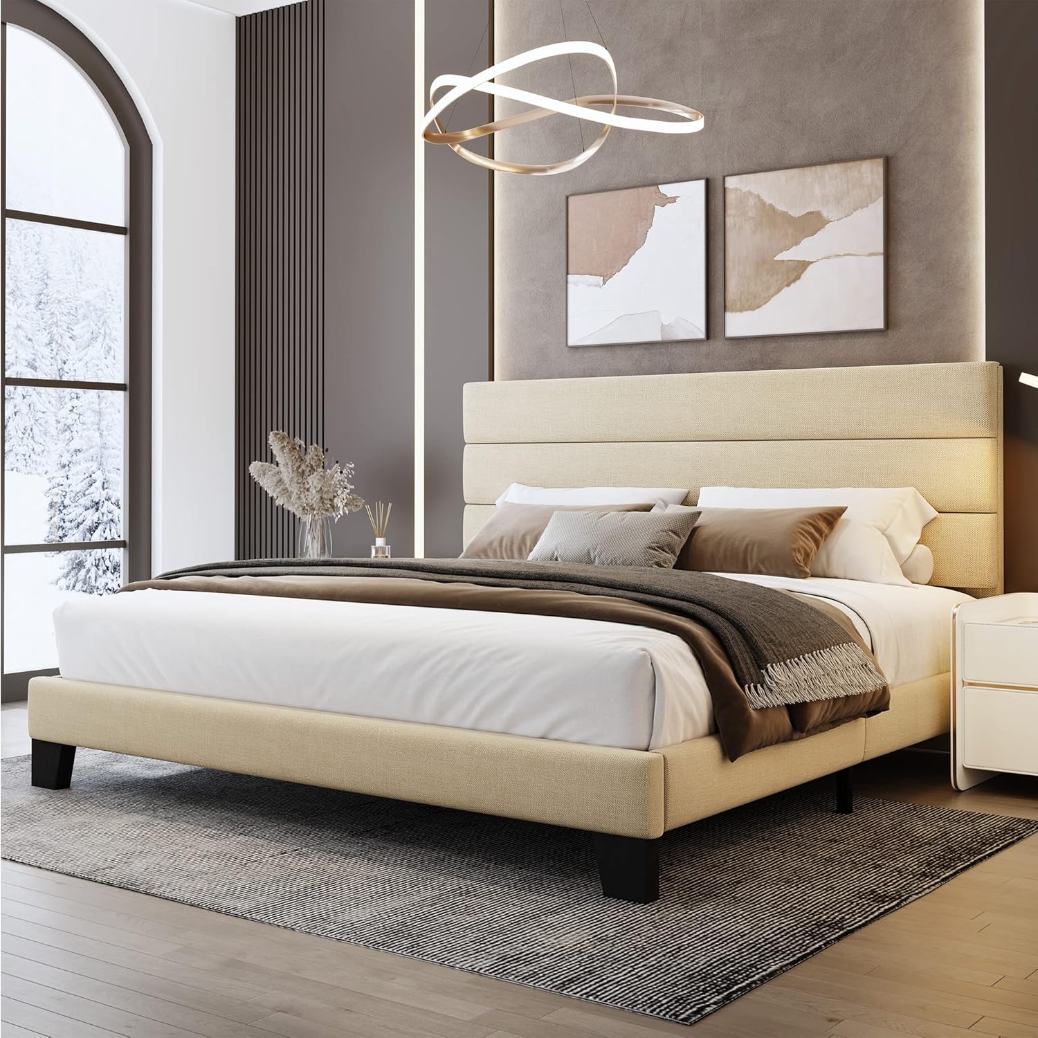 WEEWAY King Bed Frame Platform Bed with Linen Fabric Upholstered Headboard and Wooden Slats Support, Heavy Duty Mattress Foundation, No Box Spring Needed, Easy Assembly, Beige