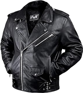 HWK Brando Leather Motorcycle Jacket for Men, Ultra Comfy Vintage Style Genuine Black Leather Jacket with CE Armor and Thermal Lining, Water Resistant Biker Jacket for All-Weather Riding - Large