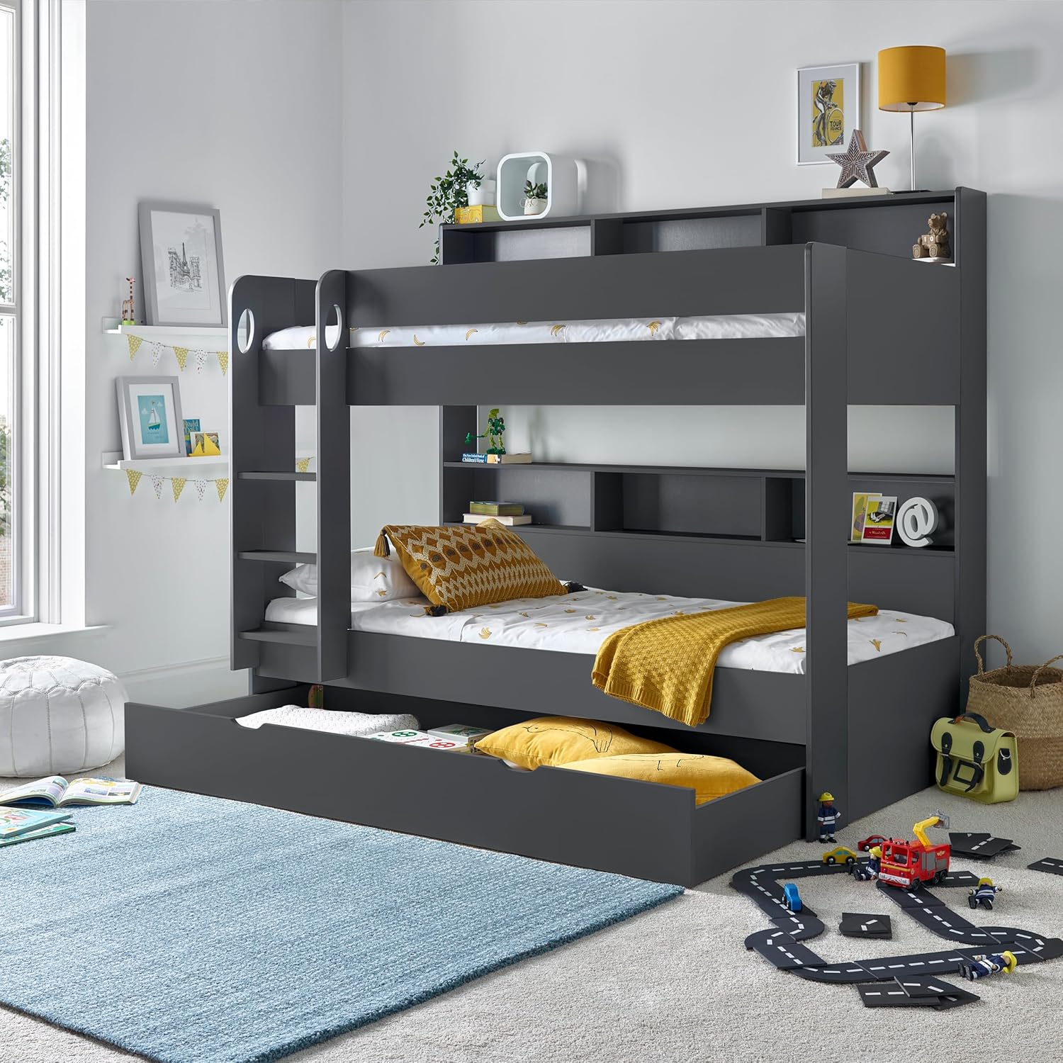 Olly White, Grey and Grey White Storage Bunk Bed Single Bunk Bed And Mattresses NO Drawer (Memory Foam Spring Mattresses, Grey)