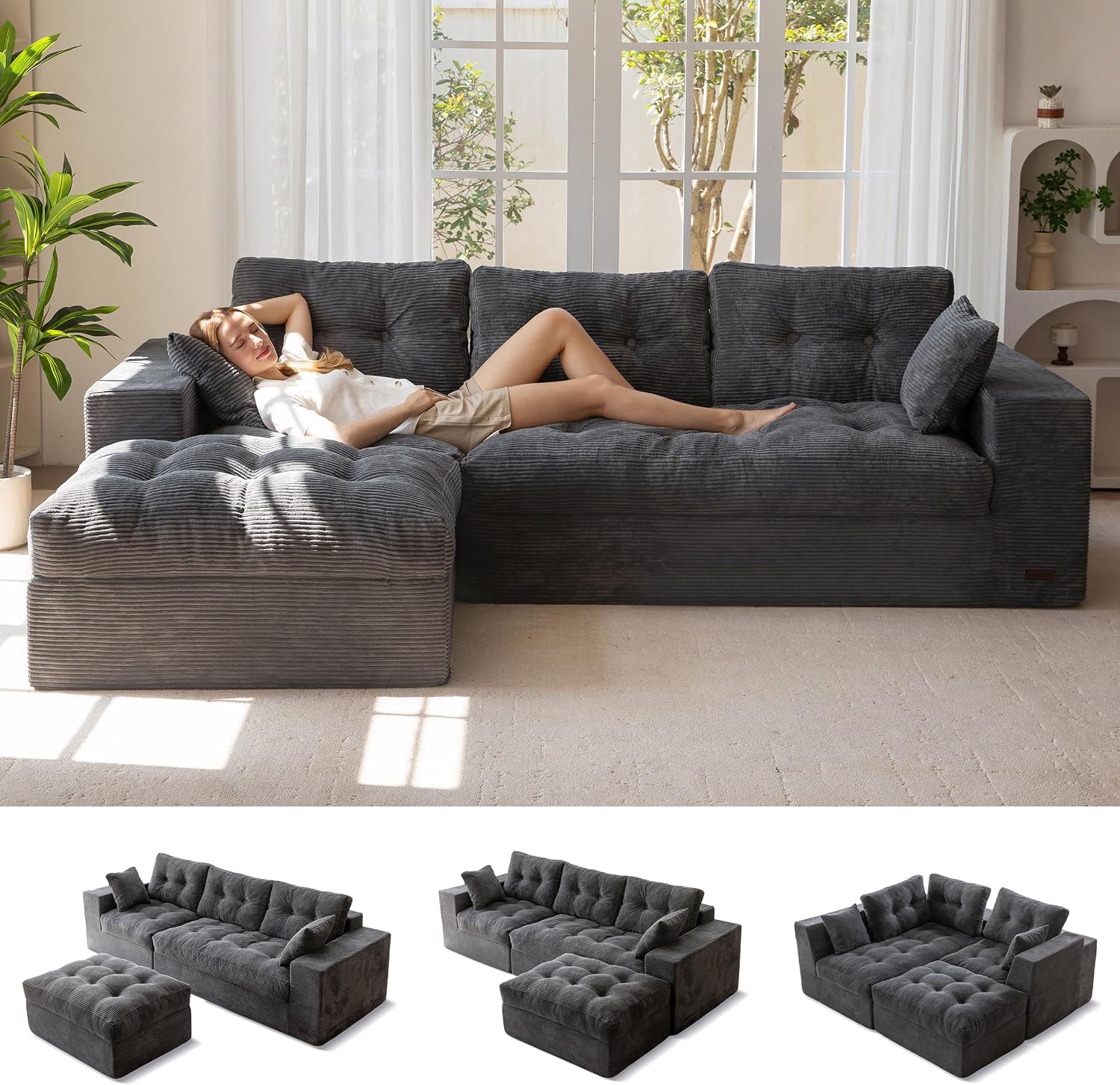MAXYOYO Boneless Couch, 104-Inch L-Shaped Cloud Couch with Ottoman