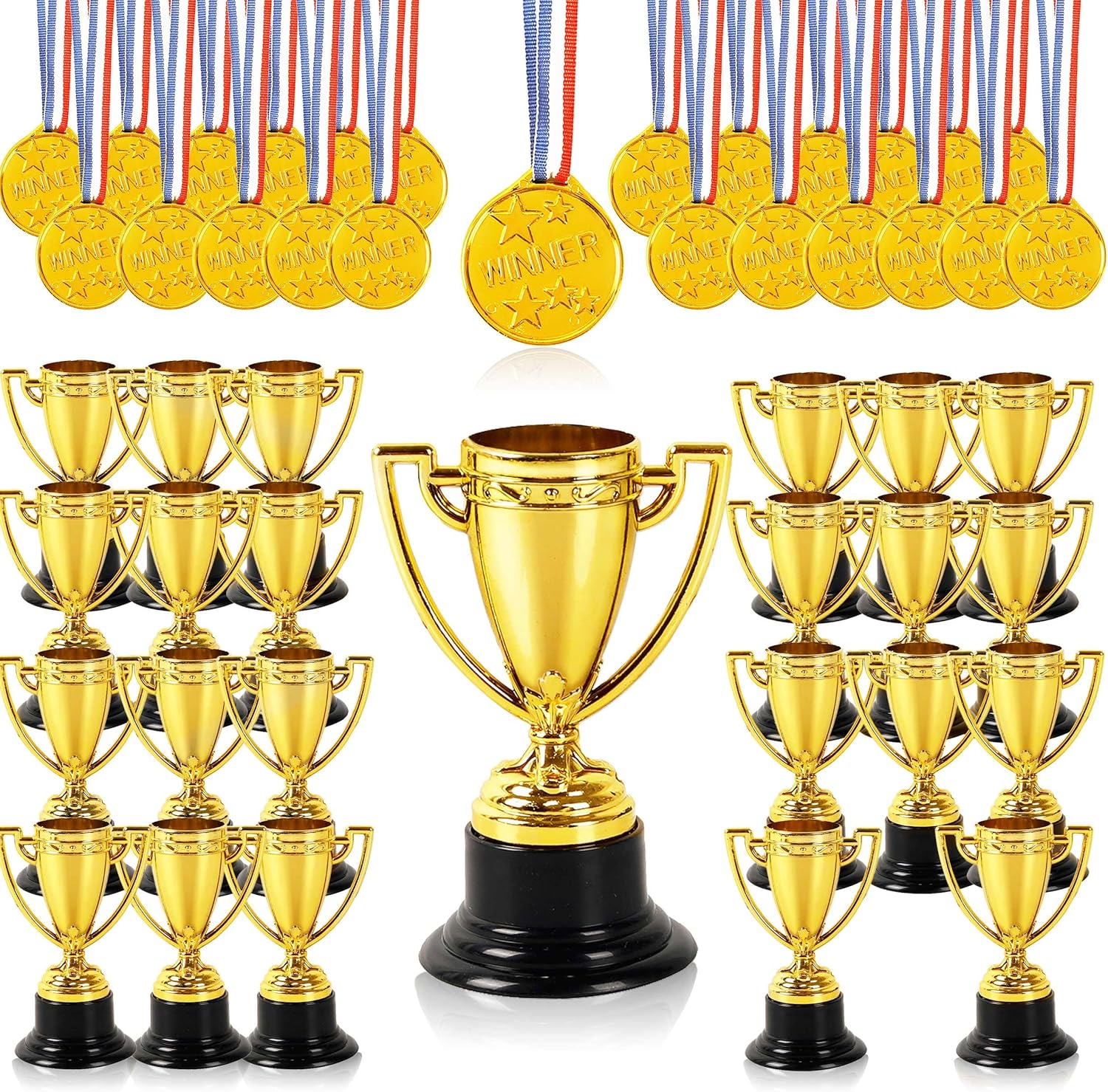 48 Pcs Mini Trophies and Medals Awards - 24 Pack 3.5 Inch Gold Plastic Trophy Cup and 24 PCS Shiny Golden Winner Medals for Kids and Adults - Perfect for Party Favors Halloween and Decorations