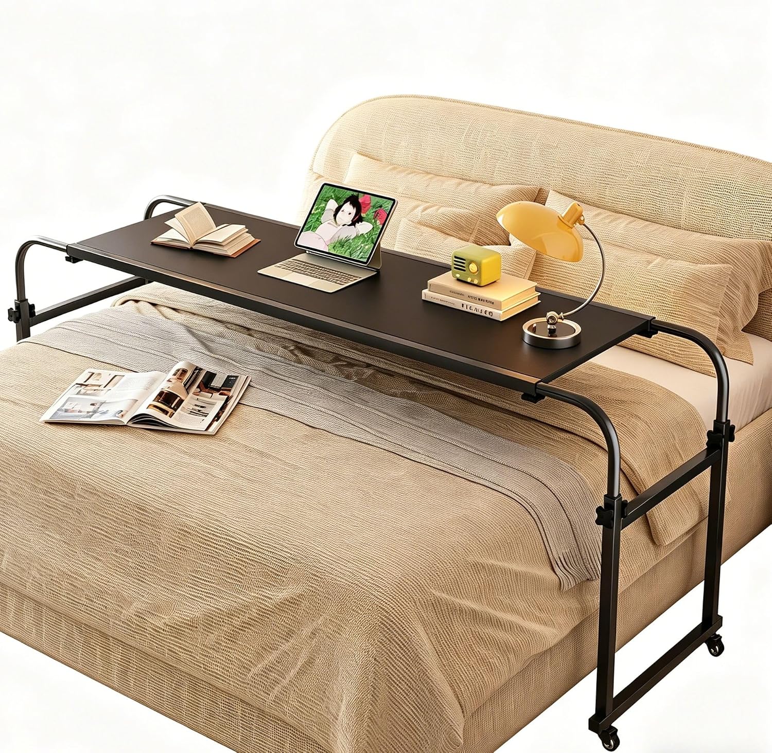 TigerDad Heavy Duty Overbed Table with Wheels, 55"-83" Adjustable Cross Bed Desk for King Queen Size, Mobile Rolling Laptop Cart for Home Office & Hospital Bed
