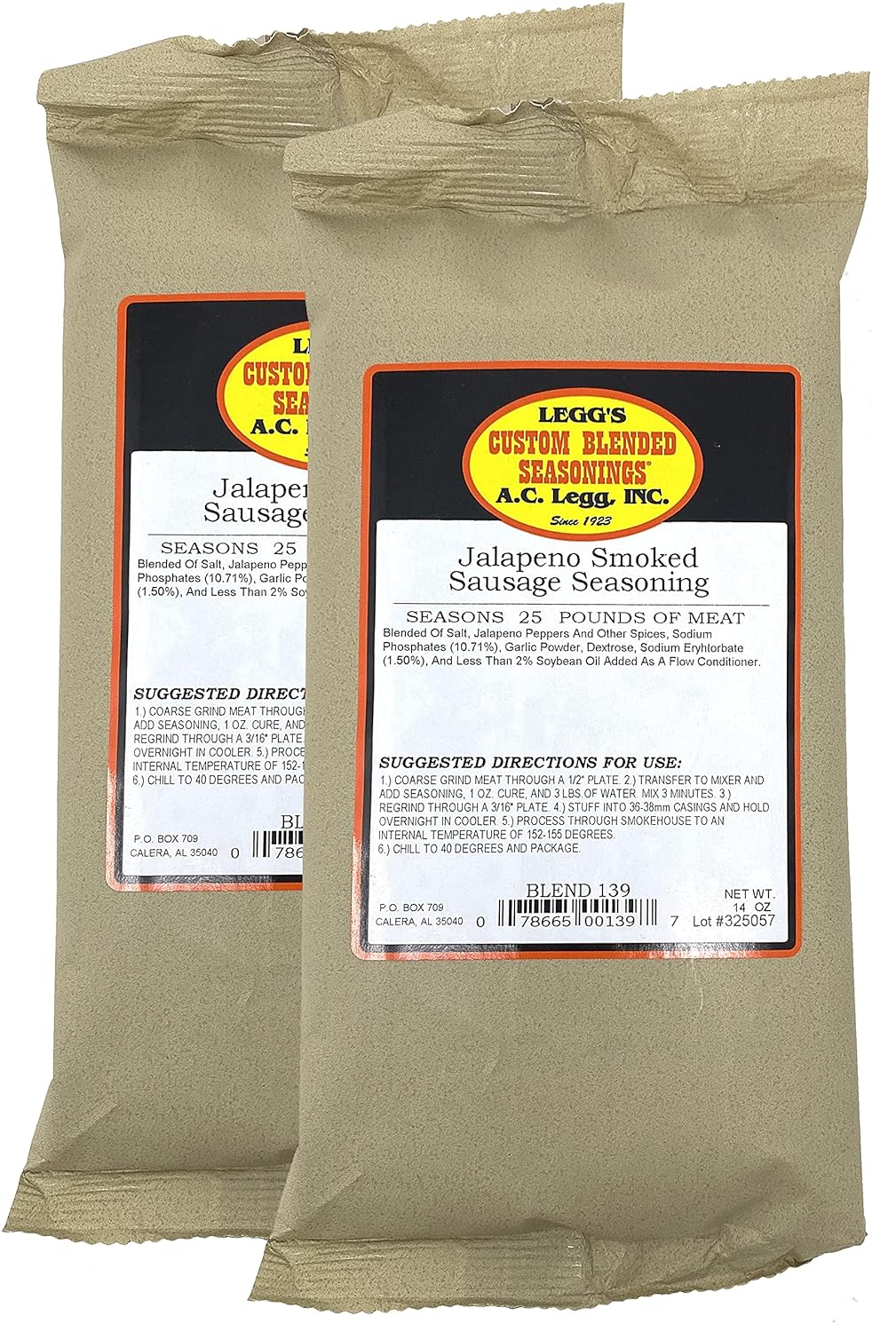 A.C. Legg Jalapeno Smoked Sausage Seasoning, 2 Packs - 14 Ounce each with Cure