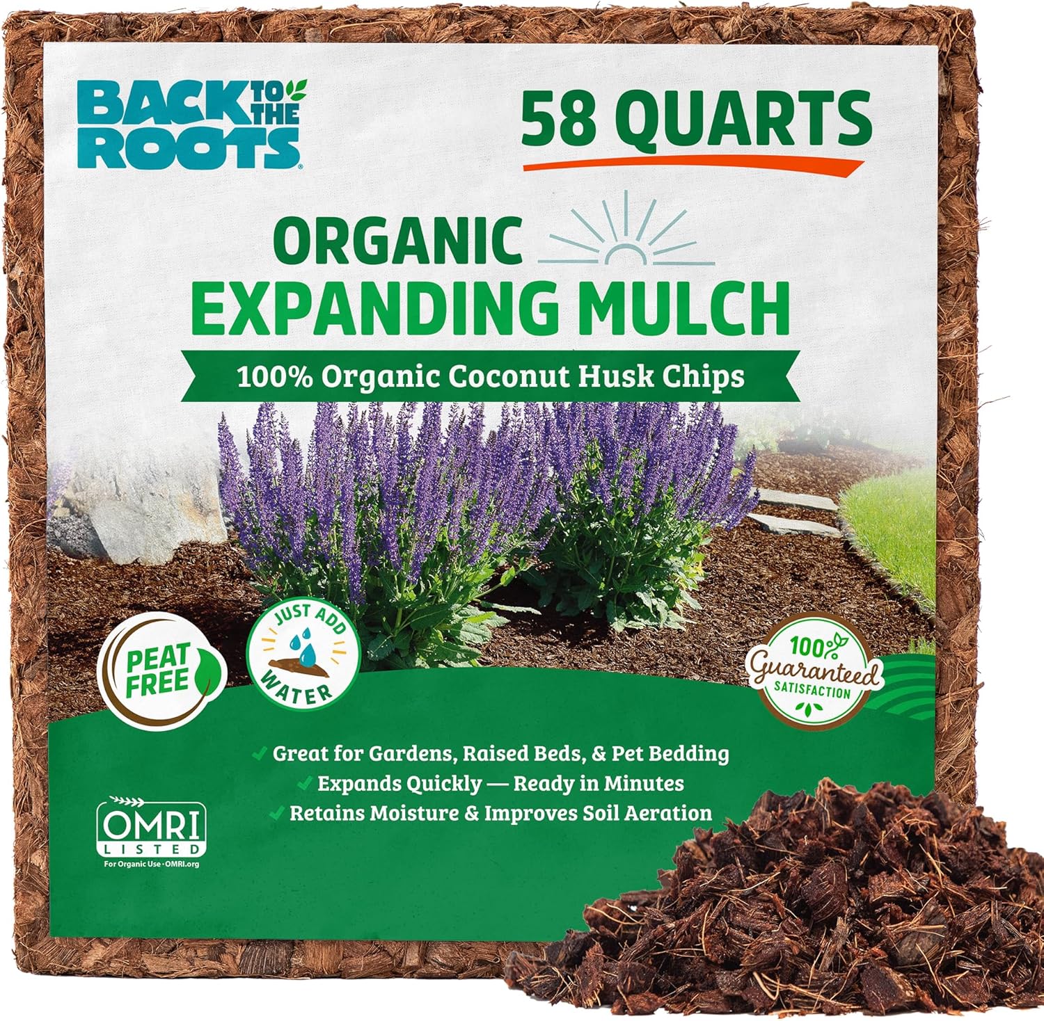 Back to the Roots 100% Organic Mulch, 58 Quart, Expanding Coconut Husk Block for Gardening