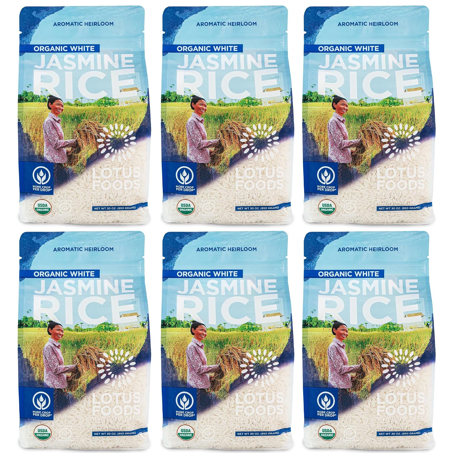 Lotus Foods Organic White Jasmine Rice, Jasmine Rice - 30 Oz (Pack of 6) | Long Grain Asian Sticky, USDA Organic, Vegan, Gluten Free