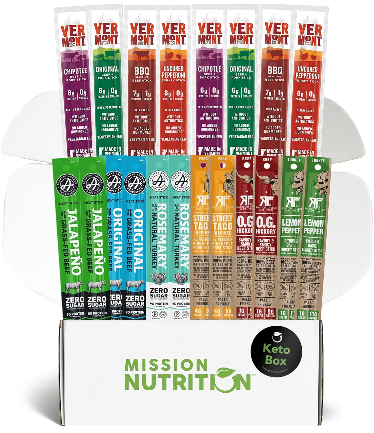Mission Nutrition Snack Box: 20 Pack Variety of Meat Sticks featuring Vermont, Country Archer & Righteous Felon โ Beef Jerky Sticks all High Protein, Low Carb, Keto-Friendly, Gluten-Free