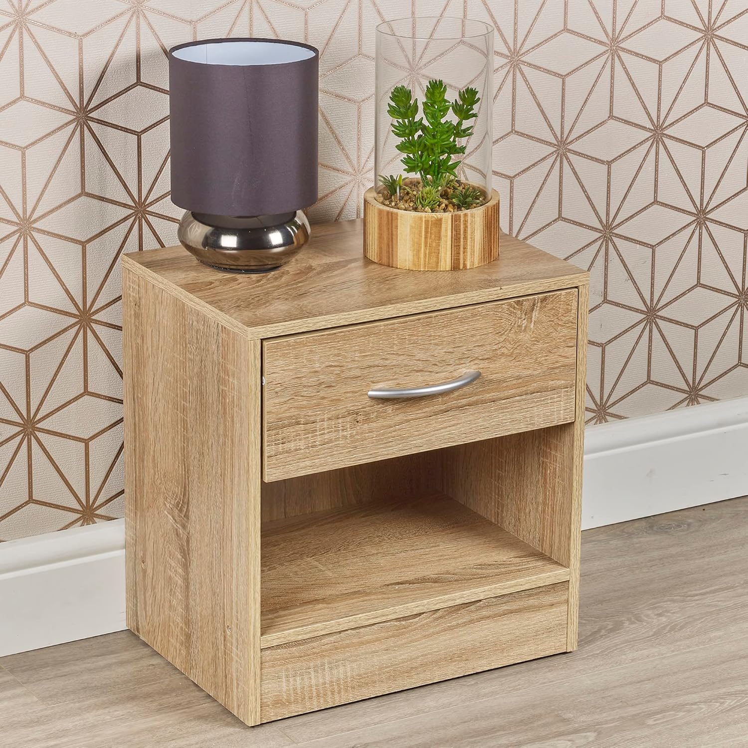 URBNLIVING 1 Drawer Compact Wooden Bedroom Bedside Cabinet Furniture Nightstand Side Table (Anthracite Oak)