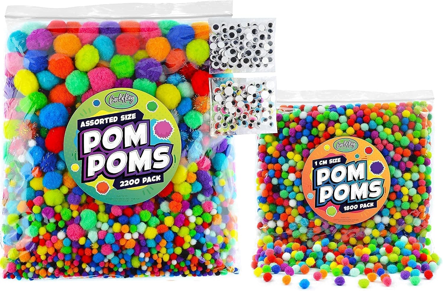 Carl & Kay Assorted Size 2000 Pom Poms, 200 Googly Eyes & 1800 1 cm Pom Poms