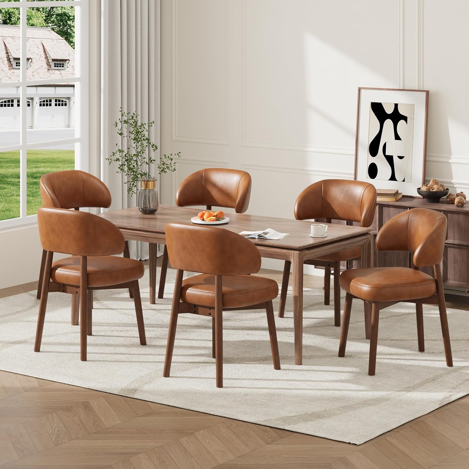 MALOL Wooden Dining Chairs Set of 6, Modern Upholstered Dining Room Kitchen Side Chairs with Curved Open Back for Living Room/Restaurant/Cafe, Brown