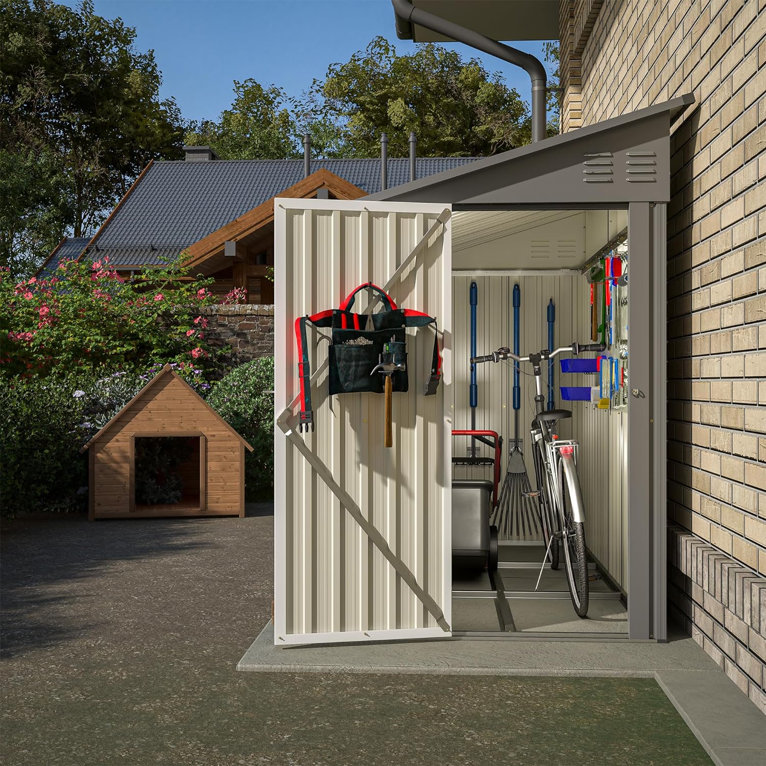 4x8 FT Outdoor Storage Shed,Lean to Metal Shed W/Floor Included,Garden Storage Shed W/Lockable Door,All Weather Waterproof Tool House W/ 2 Air Vents,for Backyard,Patio,Lawn,Garden,Gray