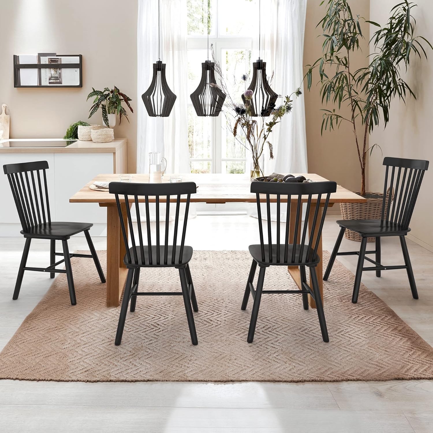 LUE BONA Windsor Dining Chair Set of 4, Spindle Back Wooden Chairs for Kitchen and Dining Room, Restaurant, Cafe, Hotel, Black
