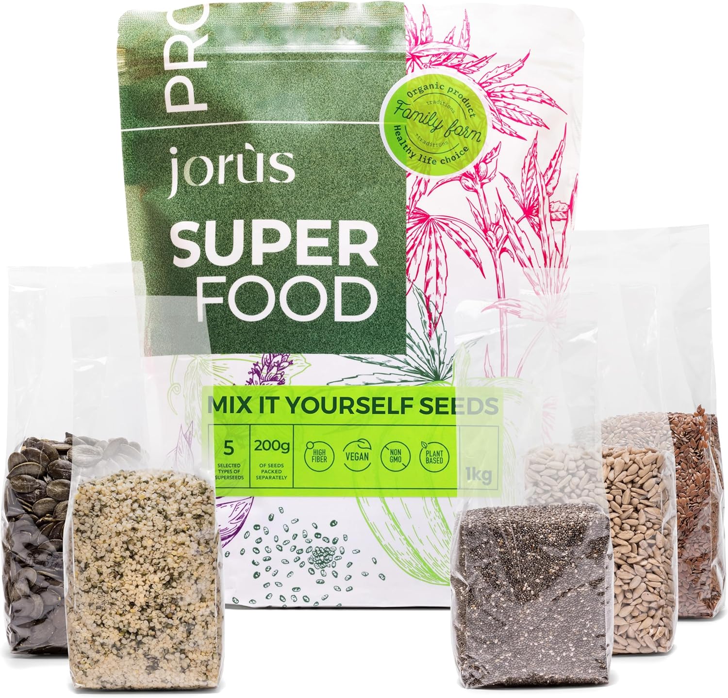 Jorus Pack Mixed Edible Seeds 5x200g - Individual Fresh Bags for Convenience - Nutrient Rich Superfood Blend with Omega & Protein Seeds, HACCP Certified