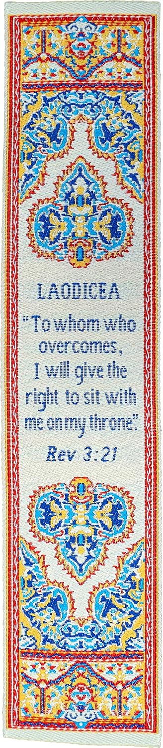 Woven Fabric Christian Bookmark, Laodicea, Signs of The End Times, Promises of The Seven Churches of Revelation, Silky Soft Revelations 3:21 Bookmarker for Novels Books and Bibles