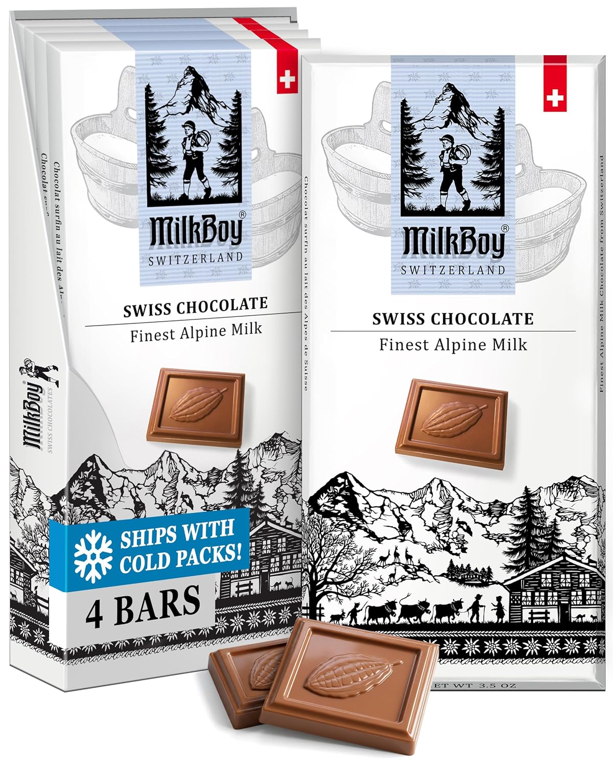Milkboy Swiss Chocolates Chocolate Bars - Premium Swiss Alpine Milk Chocolate - Smooth European Milk Chocolates Gift - Sustainably Farmed Cocoa - Gluten Free - 3 oz, Pack 4
