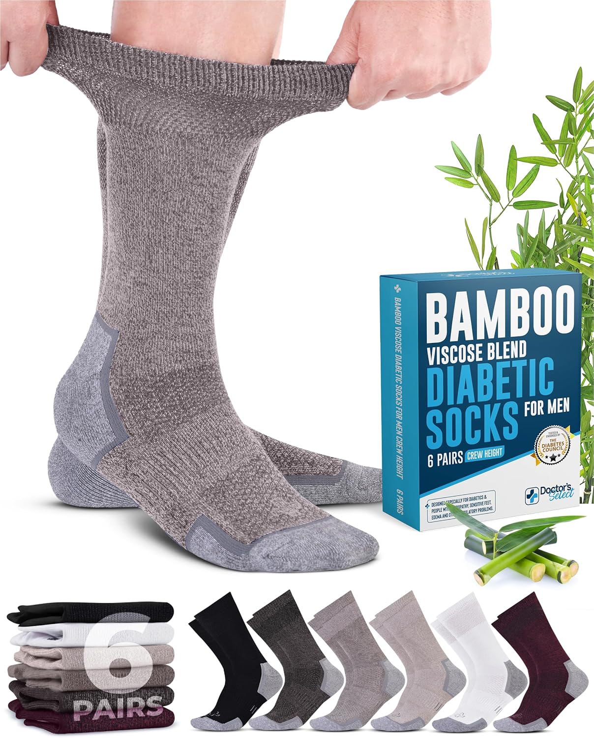 Doctor's Select Bamboo Viscose Diabetic Socks for Men - 6 Pairs Crew Diabetic Neuropathy Socks for Men
