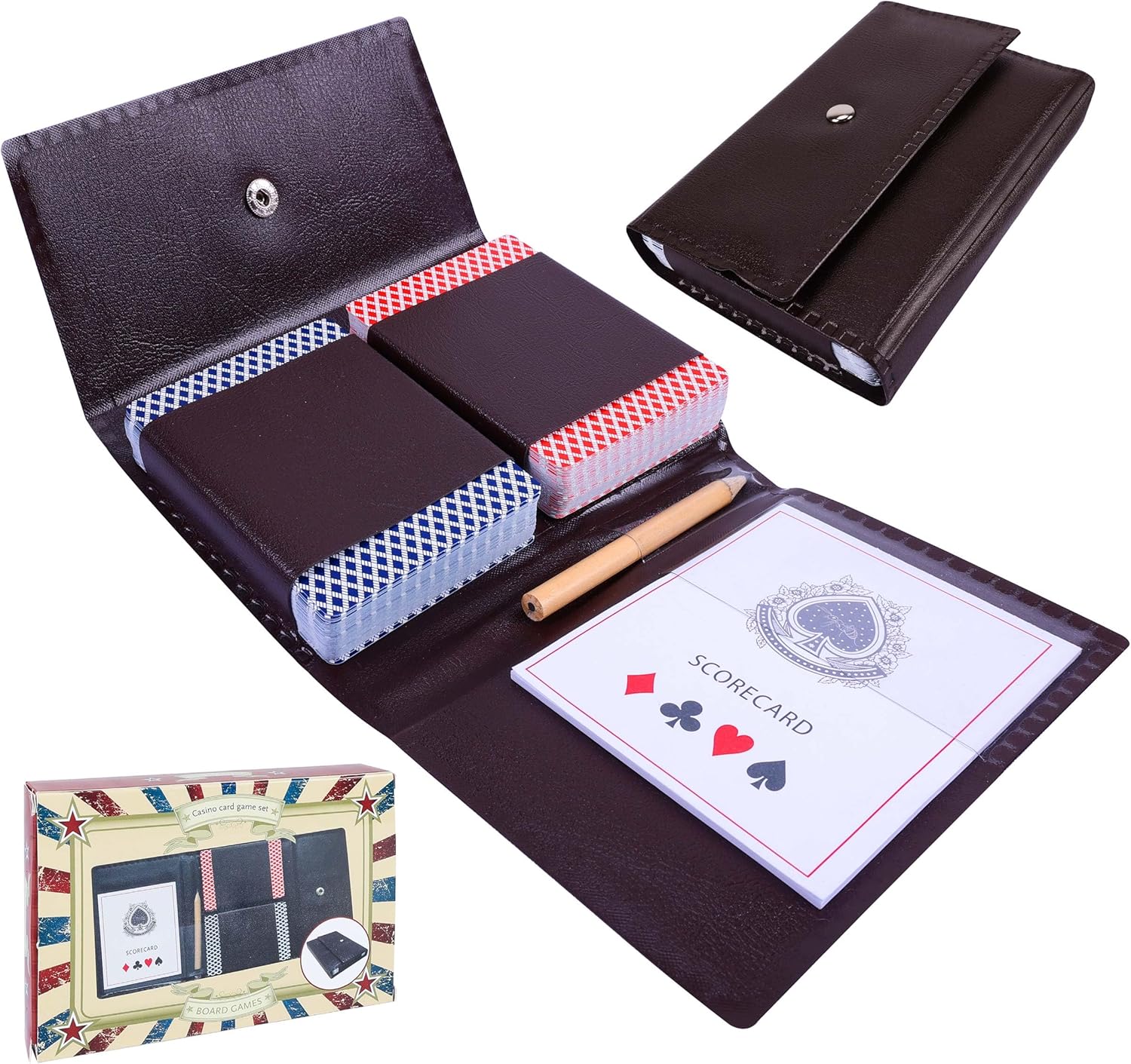 Gothink Playing Cards 2 Packs, Leather Case Card Game Set - With 2 Decks of Playing Cards (Standard Playing cards), Pencil and Scorecard Notepad - Also Fits Storage Bridge Size Poker Cards for Outdoor