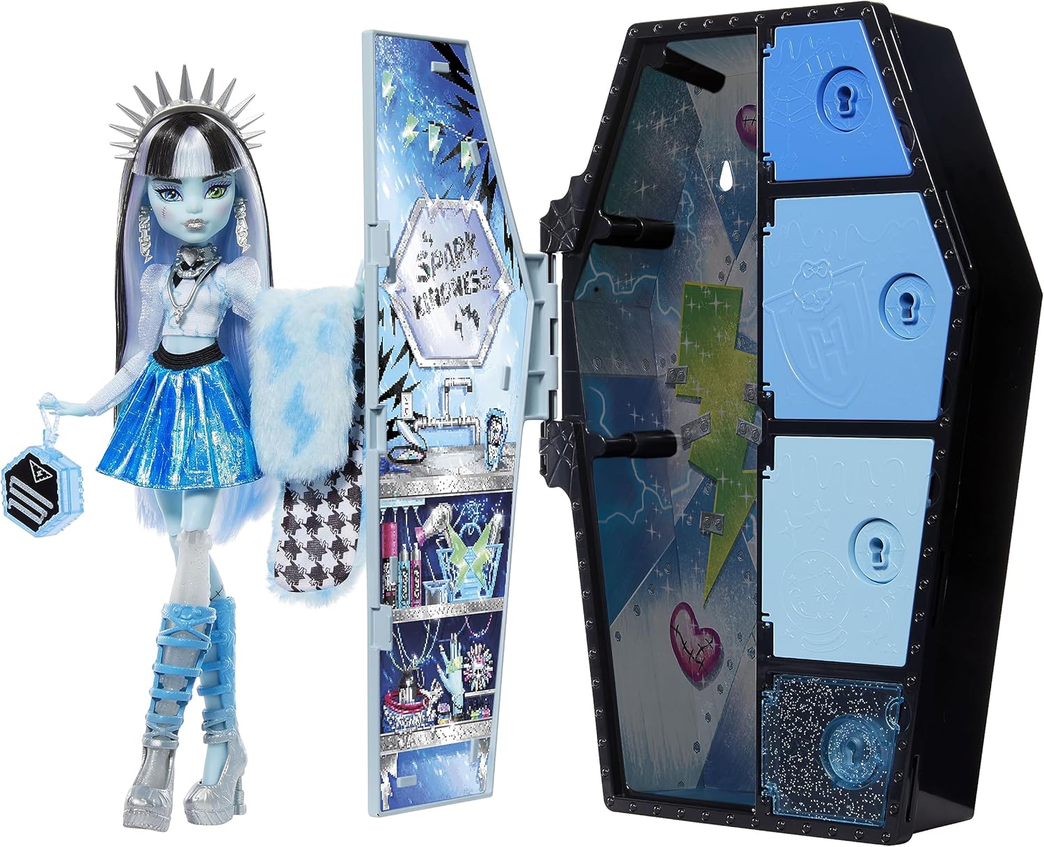 Monster High Skulltimate Secrets Fearidescent Series Doll & Accessories Set, Frankie Stein with Dress-Up Locker & 19+ Surprises