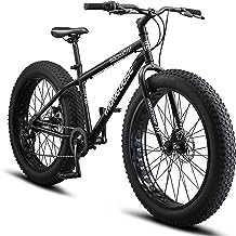 Mongoose Malus Mens and Women Fat Tire Mountain Bike, 26-Inch Bicycle Wheels, 4-Inch Wide Knobby Tires, Steel Frame, 7 Speed Drivetrain, Shimano Rear Derailleur, Disc Brakes