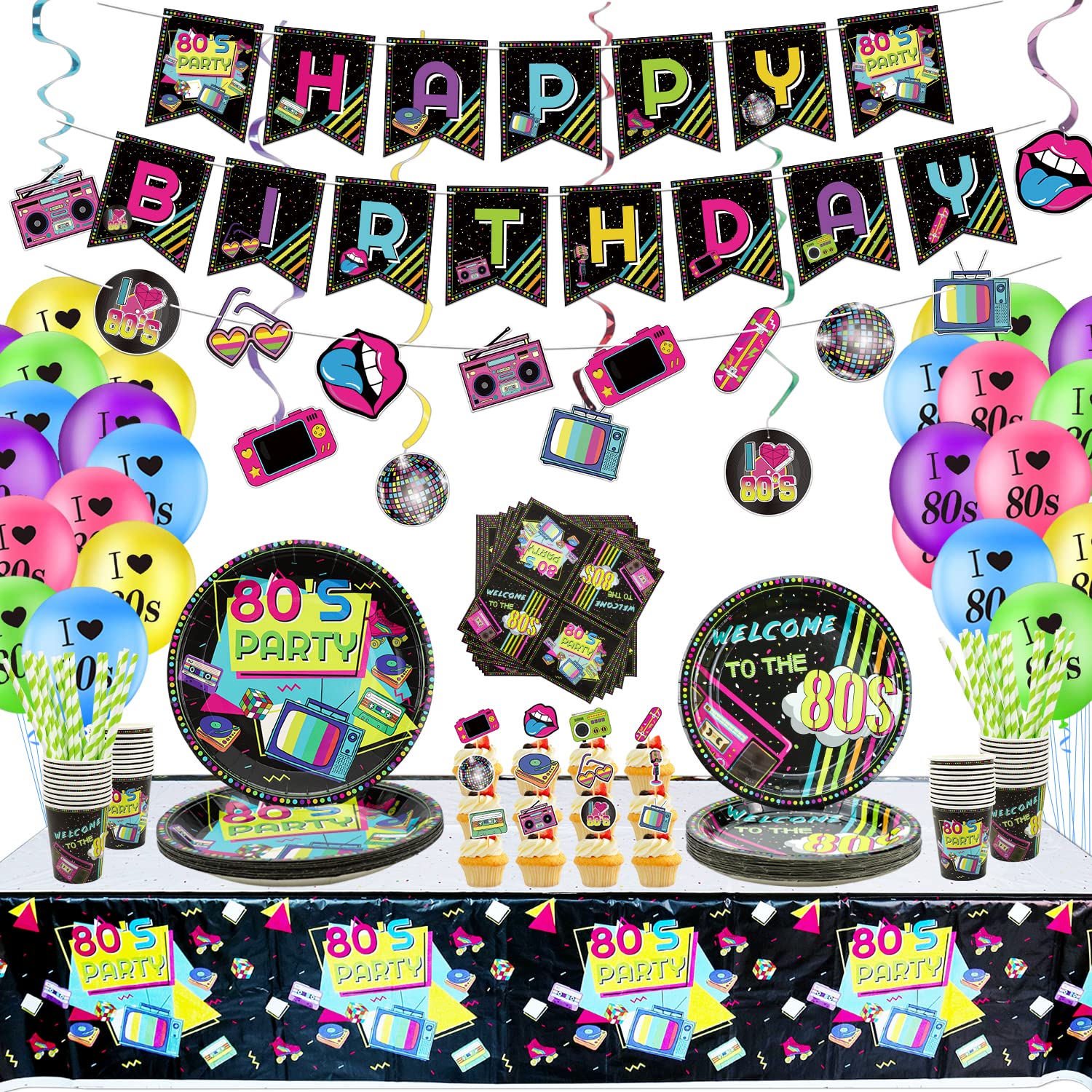 Hegbolke 80s Party Supplies - Back to the 80s Party Decorations Set Including Hanging Swirls, Plates, Cups, Napkins, Tablecloth, Banner, Balloons - Serves 20