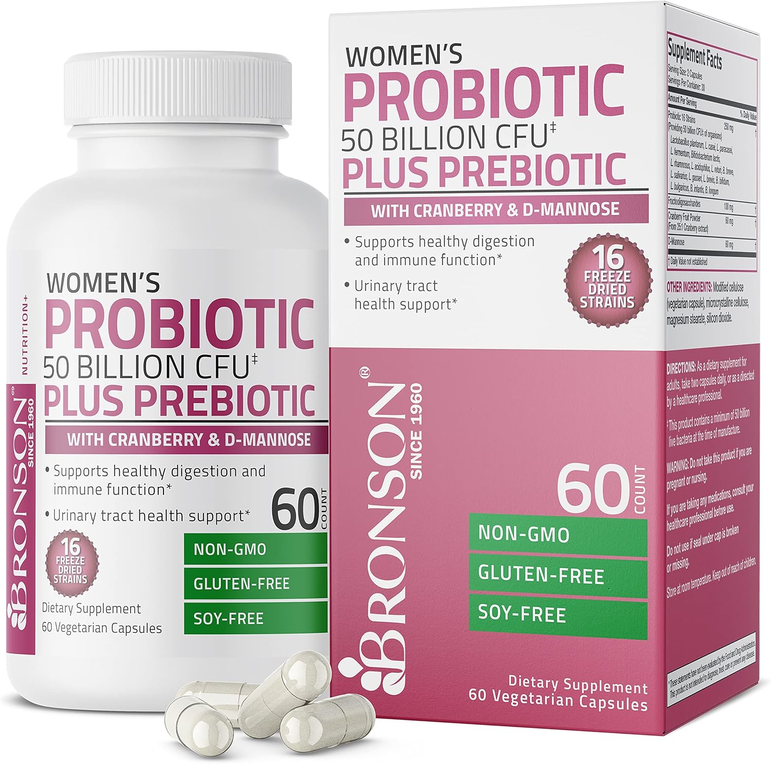 Bronson Women's Probiotic 50 Billion CFU + Prebiotic with Cranberry & D-Mannose – Vaginal Health, Healthy Digestion, Immune Function and Urinary Tract Support, Non-GMO, 60 Vegetarian Capsules