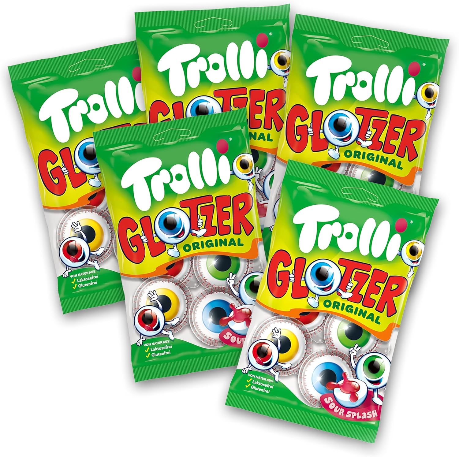 Trolli Glotzer 5-Pack (5x4) – Tangy-sour gummy eyeballs with liquid filling – Iconic candy for Halloween & parties – Lactose-free, gluten-free – Incl. Sweet Buddies sticker