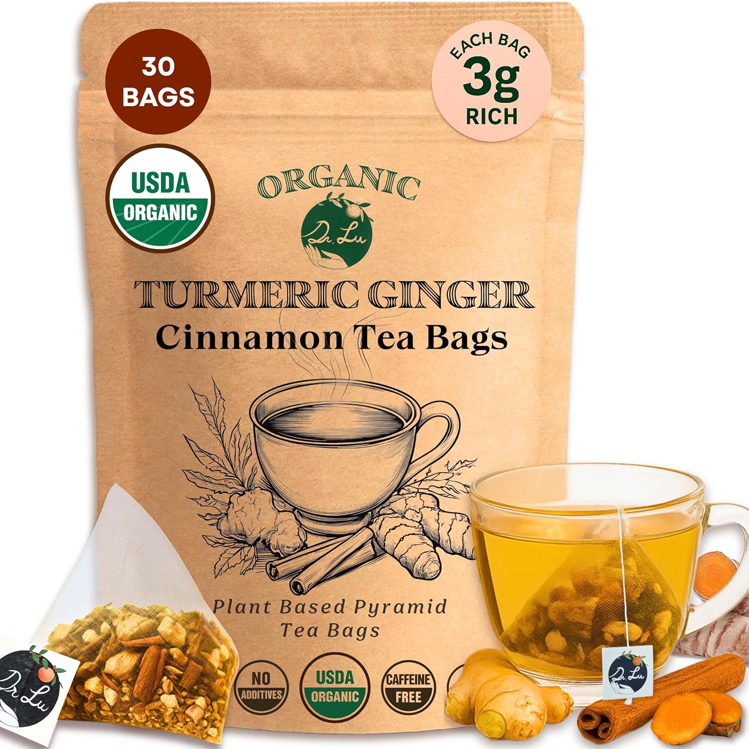 Dr. Lu Organic Turmeric Ginger Cinnamon Tea | Tropical Wild Roots & Bark from South Asia | 100% Natural Digestive & Warming Support | 30 x 3g Potent Root Blend Corn Fiber Pyramid Bags (No Plastic, No Nylon)