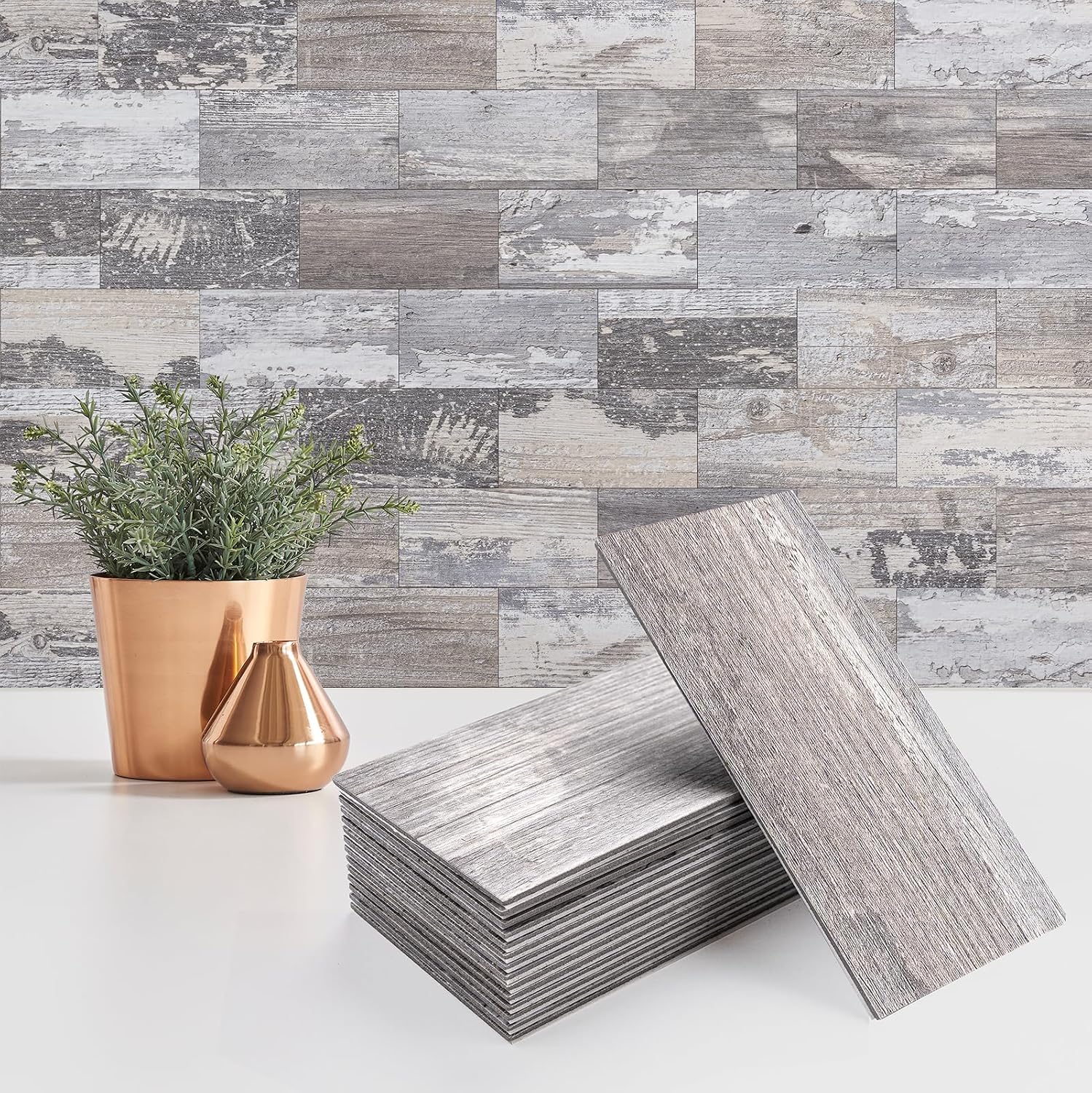 StyloVue 100 Pieces Peel and Stick Backsplash for Kitchen, 3" x 6" PVC Subway Tile Upgraded Distressed Wood Backsplash Stick on Tile Elevate Kitchen, Bathroom, Fireplace,RV
