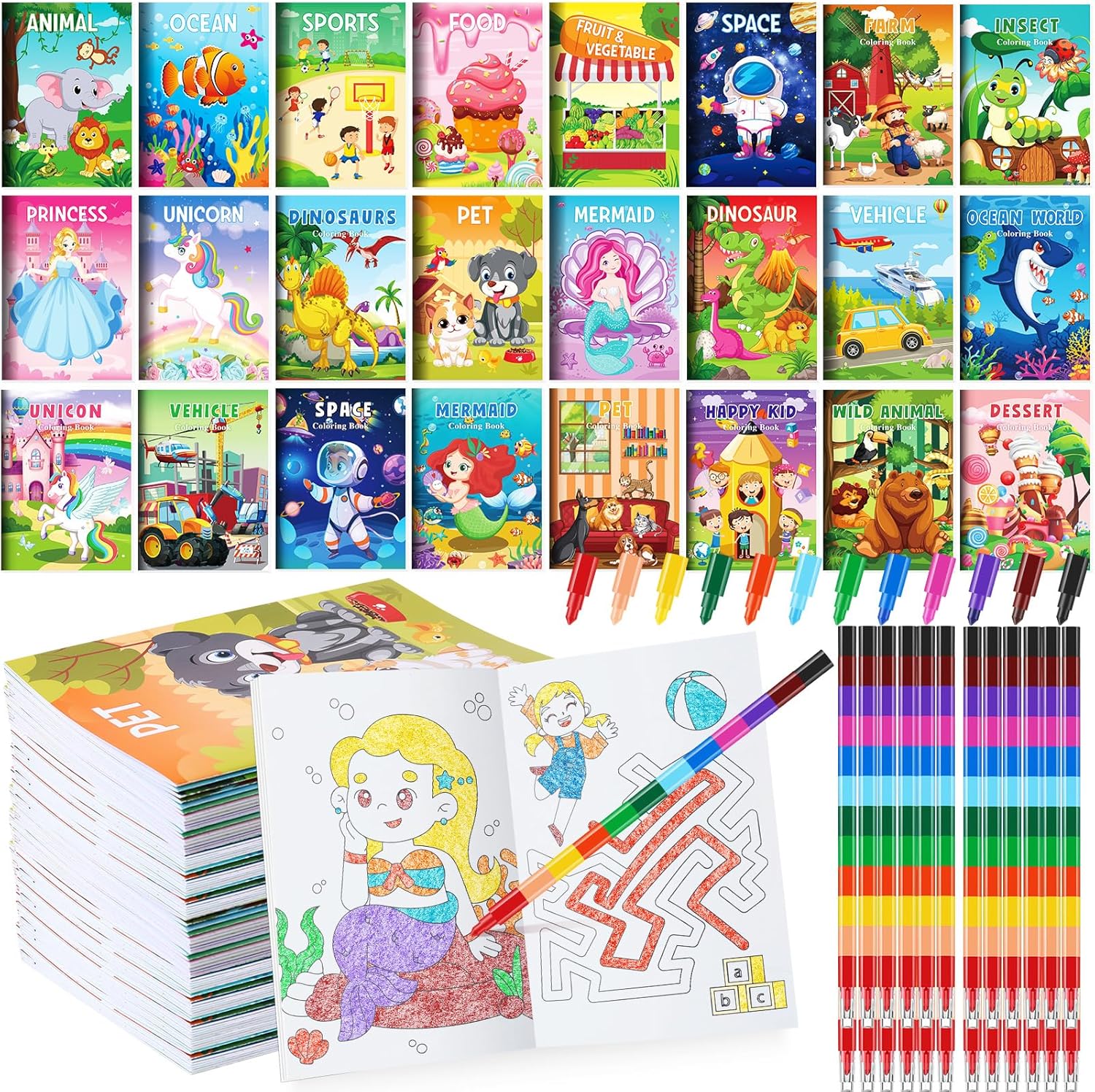 BenLouis Coloring Books for Kids With Stacking Crayons Set Mini Coloring Books Bulk for Ages 4-8-12 Small Activity Books for Birthday Party Gifts Goodie Bags Stuffers Travel（24+24Pcs Assorted）