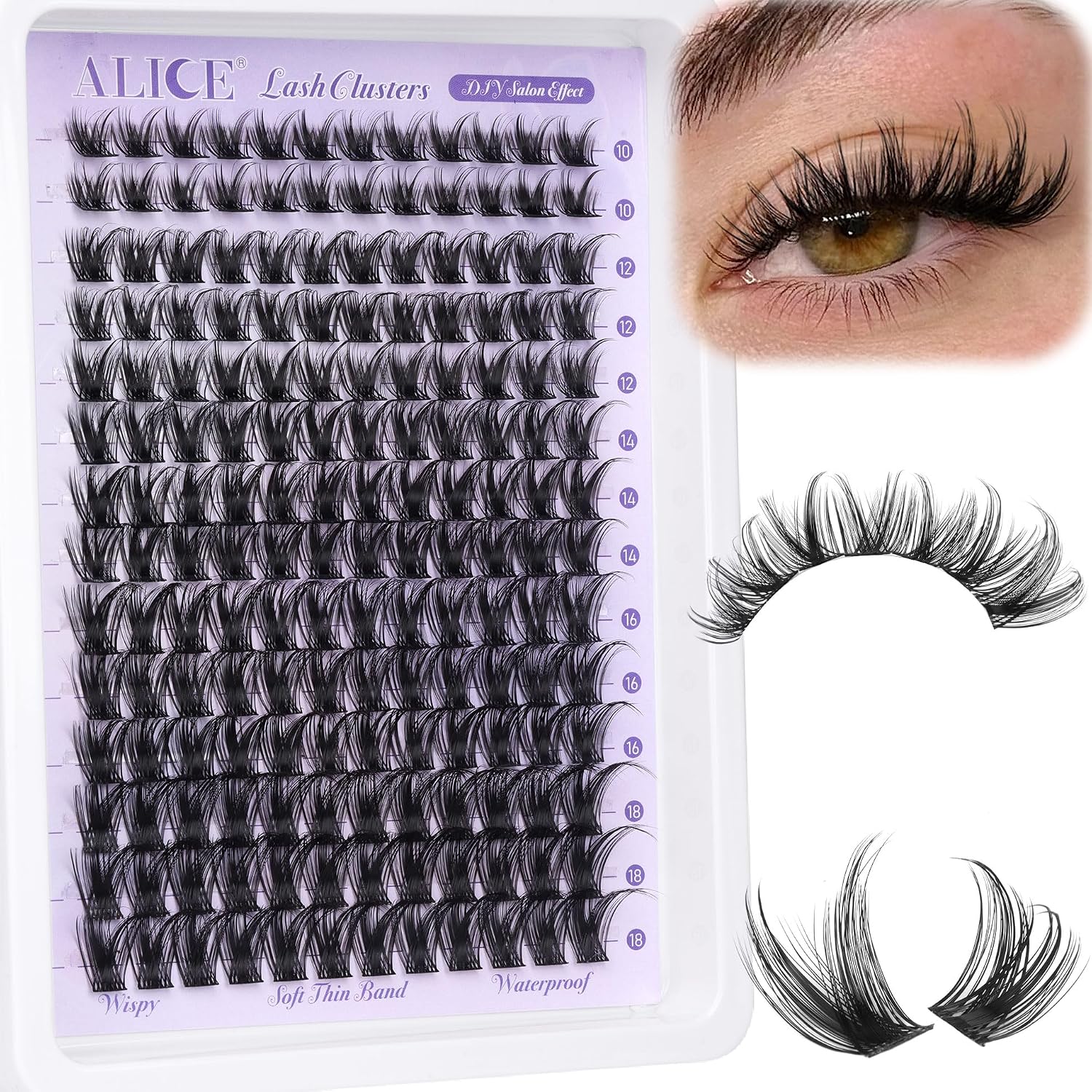 ALICE Cluster Lashes Wispy Individual Eyelashes Cluster Eyelash Extensions 168pcs Fluffy 10-18mm Waterproof Natural Lash Extension DIY Cluster Lashes with Soft Thin Band