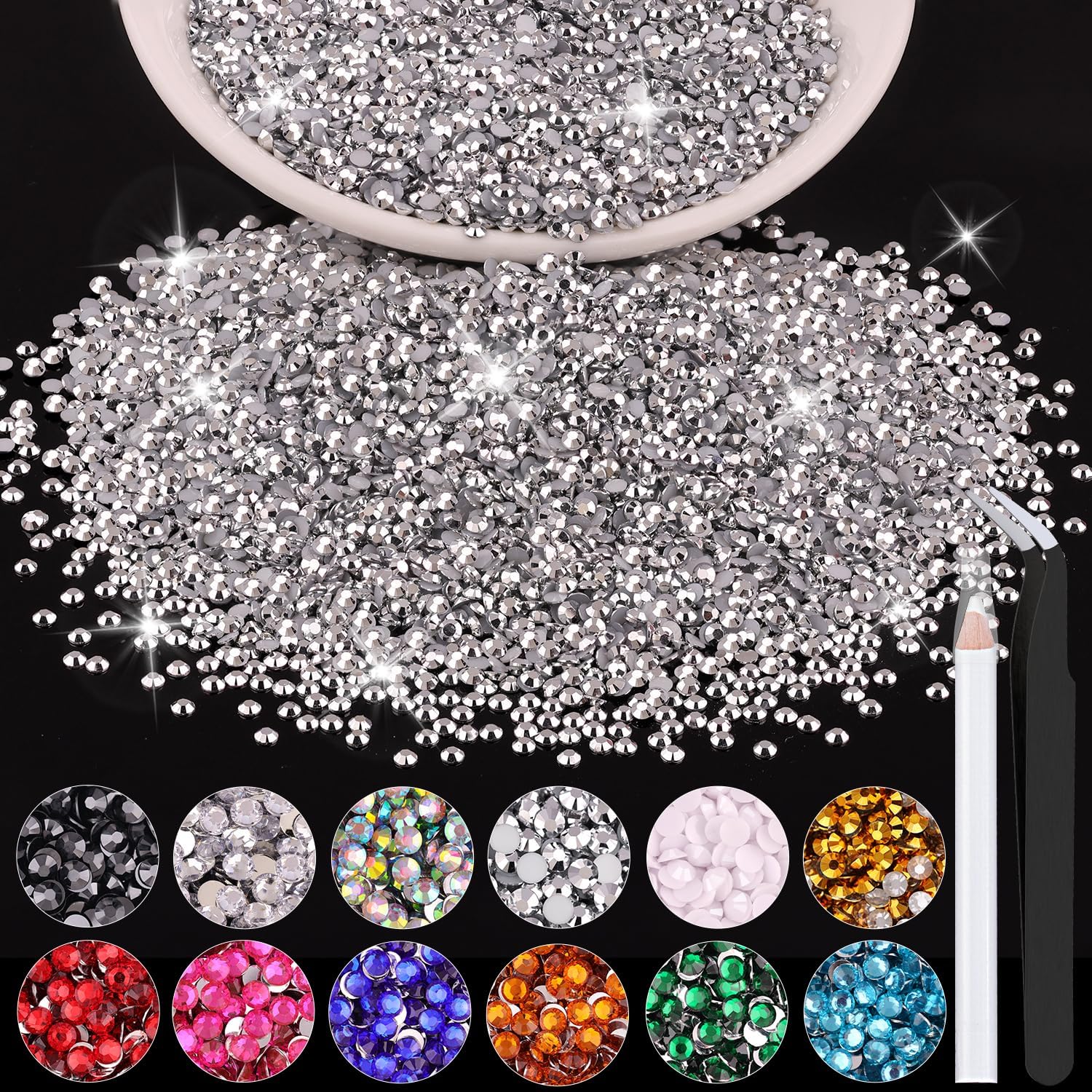 5000PCS 2mm Resin Rhinestones in Bulk (Silver), Bedazzling Flatback Crystals for Crafts DIY Nail Decoration, Gems Charms for Tumbler Shoes Clothing Fabric with Pickup Pen and Tweezers
