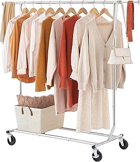 Tajsoon Clothing Rack Heavy Duty Clothes Rack Foldable Garment Rack with Wheels and Extendable Rod, Collapsible Clothing Rack Max Capacity 250lbs, Industrial Rolling Rack with Bottom Shelf, Chrome