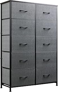 WLIVE Tall Dresser for Bedroom with 10 Fabric Drawers, Organizer Units for Living Room, Clothing, Closet, Storage Tower with Cabinet, Metal Frame, Wooden Top, Furniture, Dark Grey