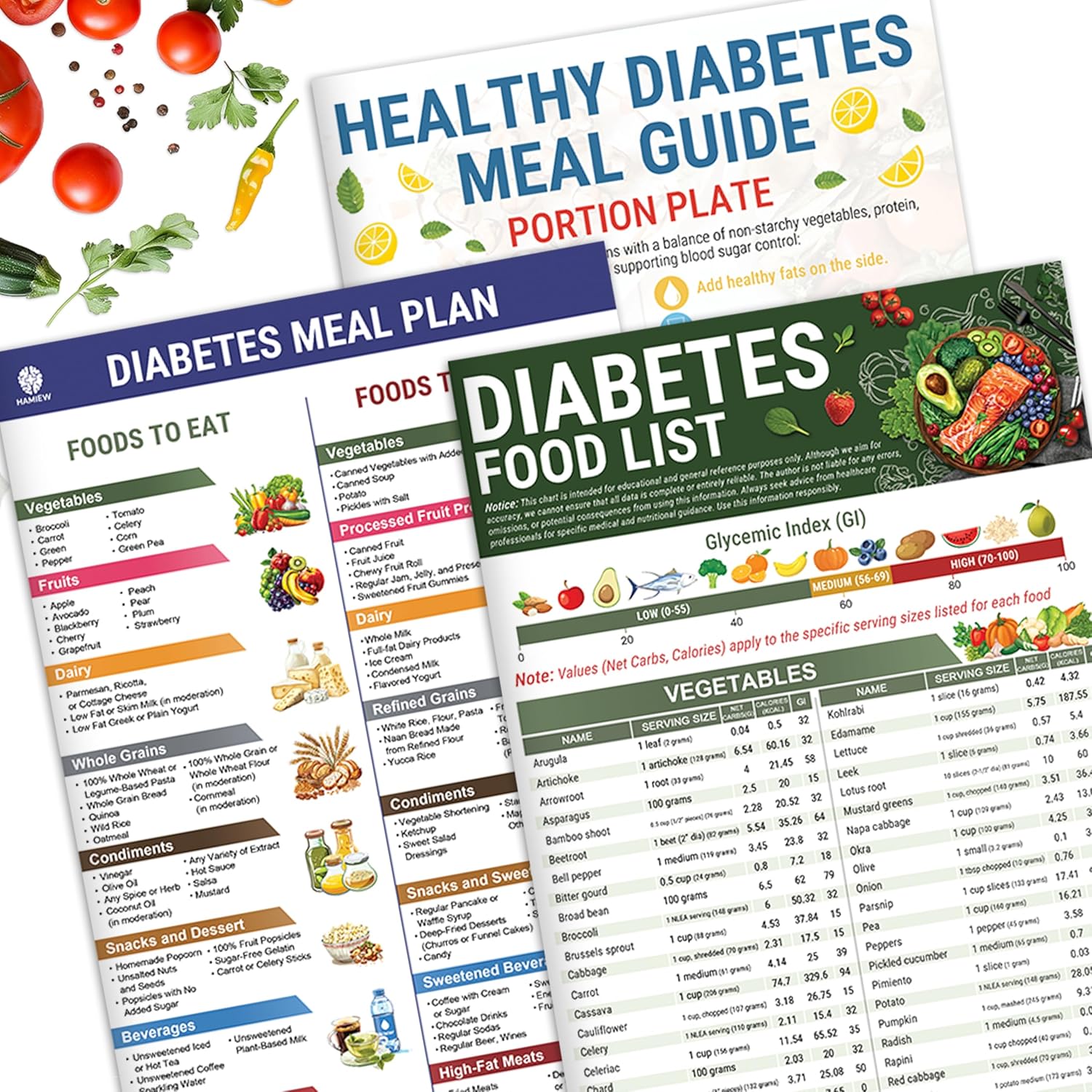 HAMIEW 3 Count Diabetes Food List and Meal Planner Laminated, Diabetic Food List Chart for Type 1 2 Diabetes, Healthy Diabetic Diet Meal Guide Plan Recipes Cookbook For Beginners Pre-Diabetes, Glycemic Index Chart