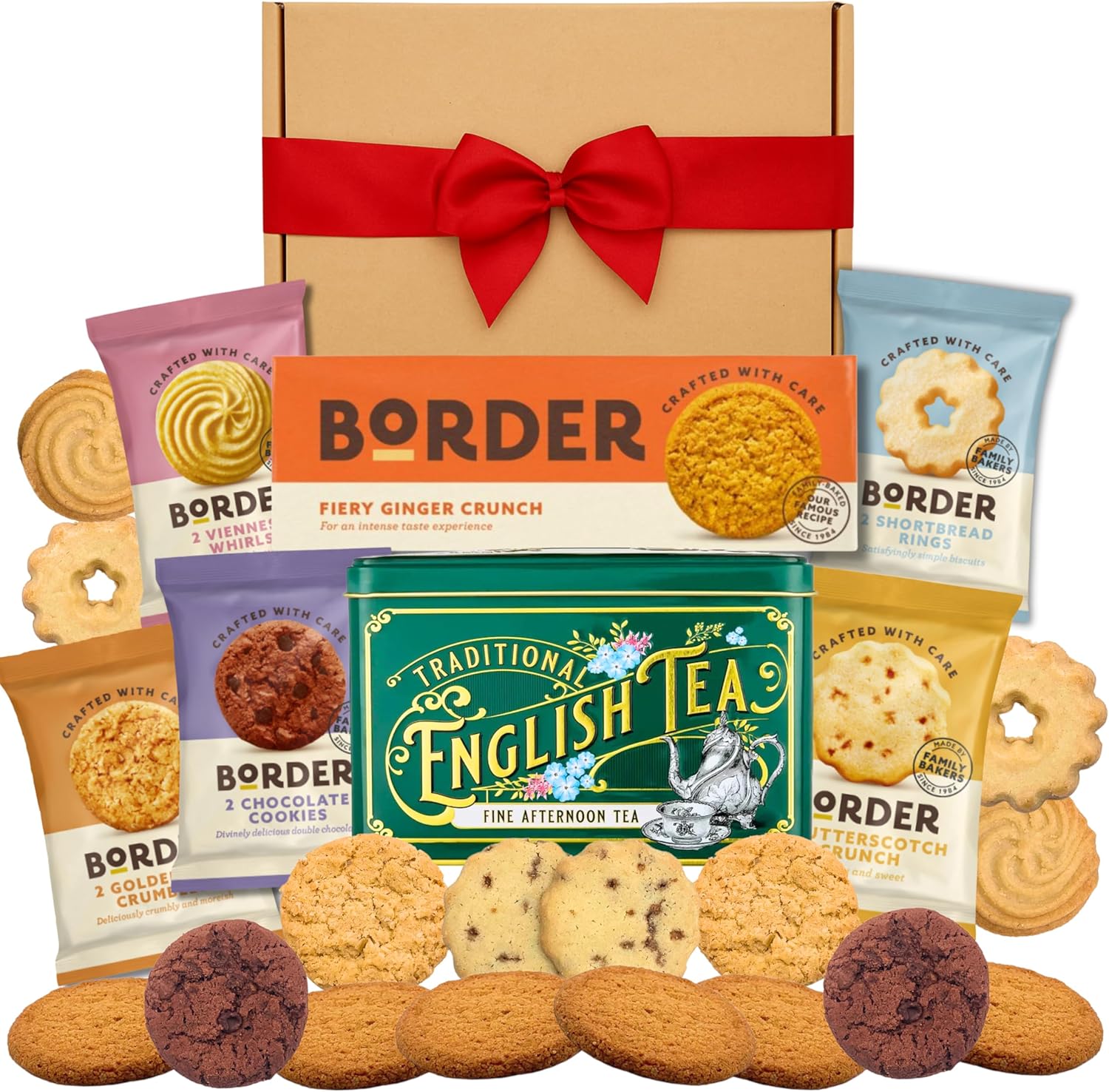 Border Biscuits Gift Set Afternoon Tea Hamper with Border Ginger Crunch 135g, English Afternoon Teabags in a Luxury Tin (40 Teabags) and x10 Border Biscuits - The Perfect Tea and Biscuits Gift Set