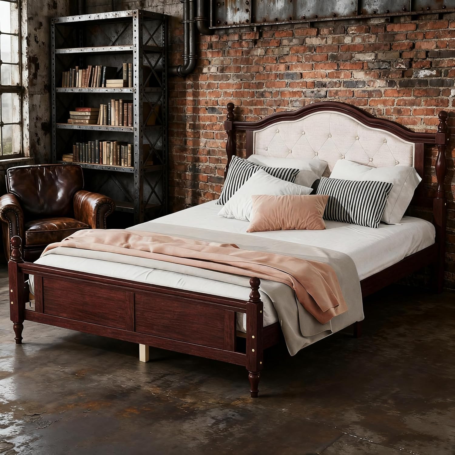 Retro Style Queen Bed Frame with Upholstered Headboard Solid Wood Bed Frame with Under Bed Storage,Cherry